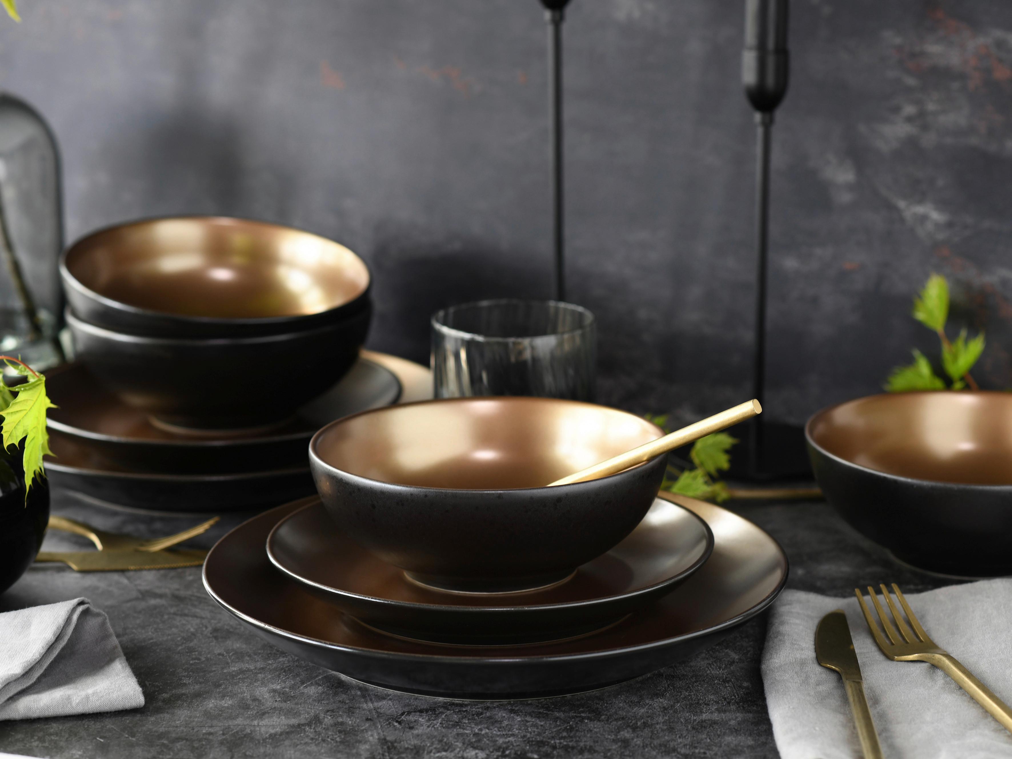 Tafelservice Schwarz/Goldfarben, 12-teilig - Goldfarben/Schwarz, Keramik (31,5/31/38cm) - Creatable
