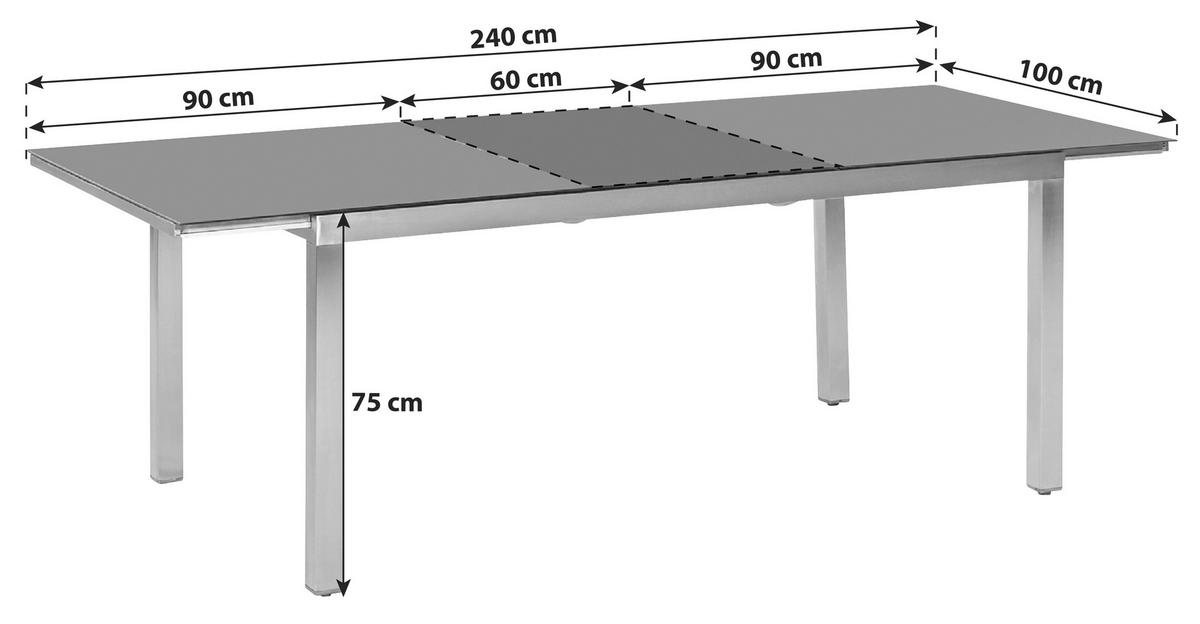 Raztegljiva Vrtna Miza Gardenson, Siva, 180-240x100 - srebrne barve/siva, Moderno, kovina/steklo (180/100/75cm) - Gardenson
