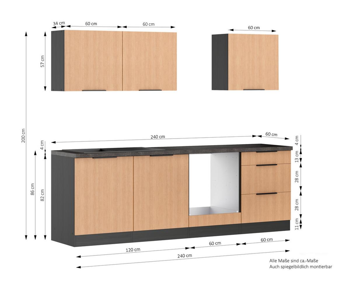Küchenleerblock Glasgow o. Geräte Graphit/Eiche - Eichefarben/Graphitfarben, LIFESTYLE, Holzwerkstoff/Metall (240cm) - Held