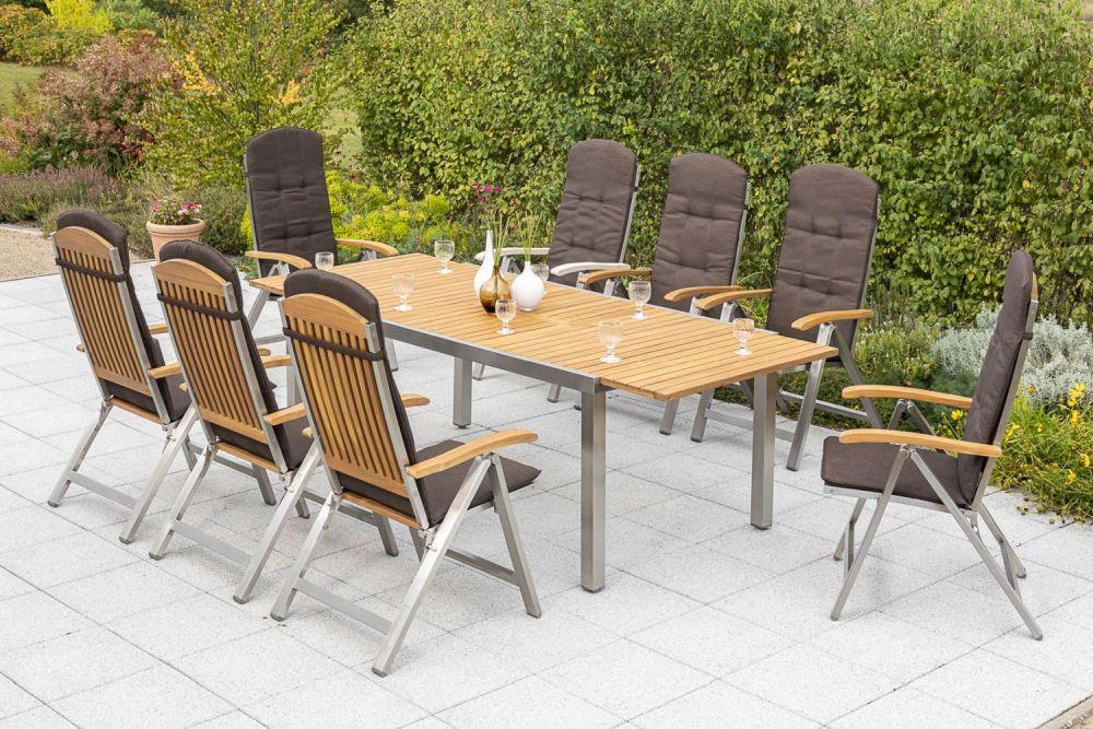 Gartengarnitur 9-tlg. Keros Holz/Metall mit Kissen - Silberfarben/Naturfarben, ROMANTIK / LANDHAUS, Holz/Textil (180-240/74/100cm) - Gardenson