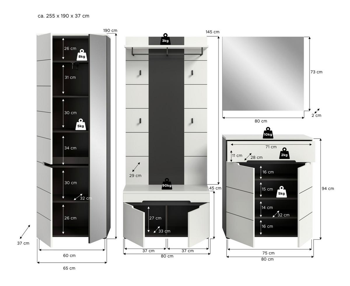 Predsoba Canu, Bela, Siva, 5-Delna - siva/bela, Design, leseni material (255/190/37cm) - Livetastic