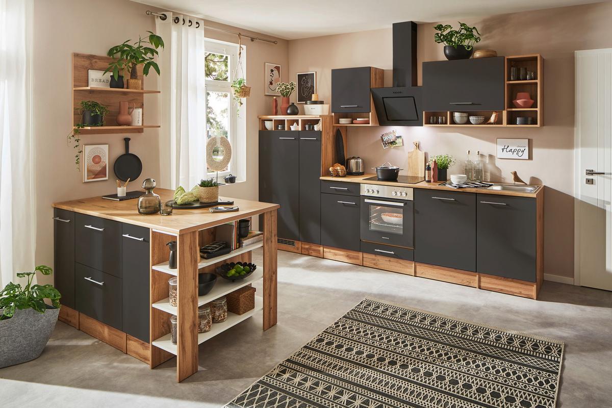 Küchenblock Hilde m. Insel m. Geräten ca.310cm Eiche/Grau - Wildeiche/Alufarben, Design, Holzwerkstoff/Metall (310-150cm) - Respekta