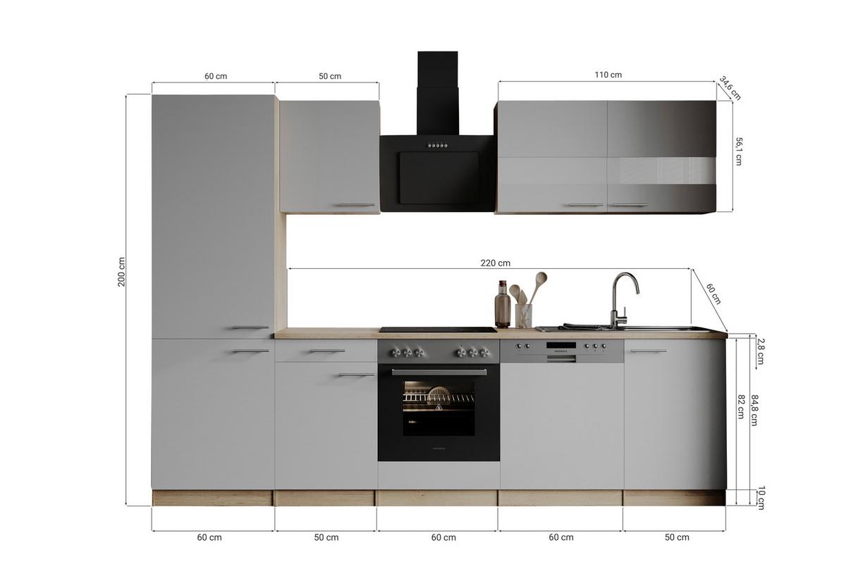 Küchenblock Merle m. Geräten Schwarz - Edelstahlfarben/Eichefarben, Basics, Holzwerkstoff/Metall (280cm) - Respekta