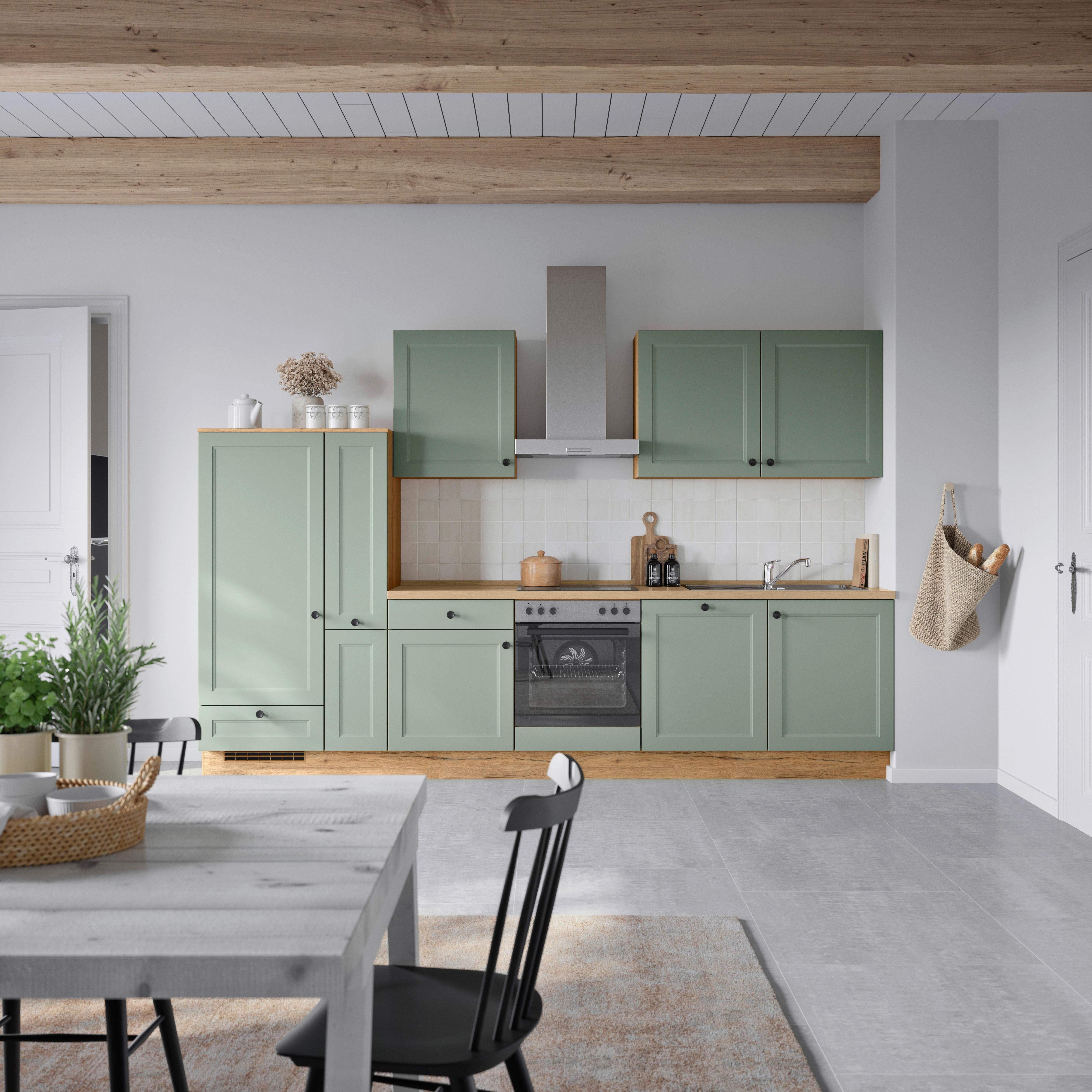 Küchenblock Cascada Low m. Geräten Schilfgrün - Schilfgrün/Eichefarben, MODERN, Holzwerkstoff/Metall (330cm) - Nobilia