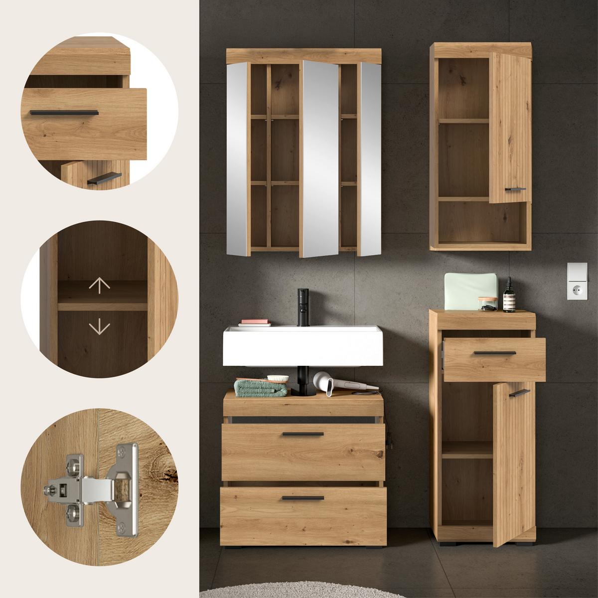 Badezimmer Scout Eiche Artisan 4-teilig - Schwarz/Eiche Artisan, Trend, Glas/Holzwerkstoff (97cm) - MID.YOU