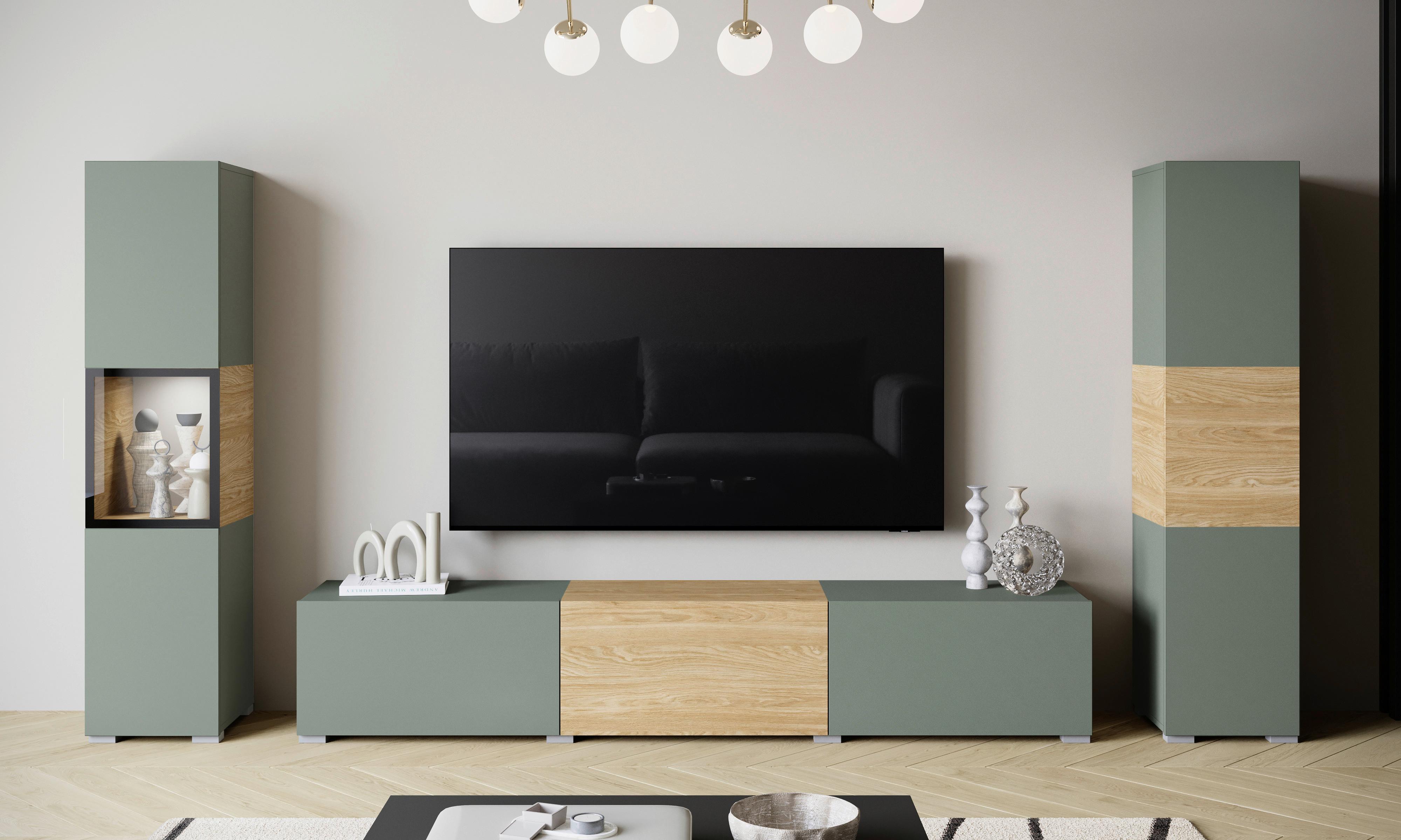 Wohnwand mit LED Berlin III Salbeigrün/Eichefarben - Eichefarben/Salbeigrün, Design, Glas/Holzwerkstoff (240/130/31cm) - P & B
