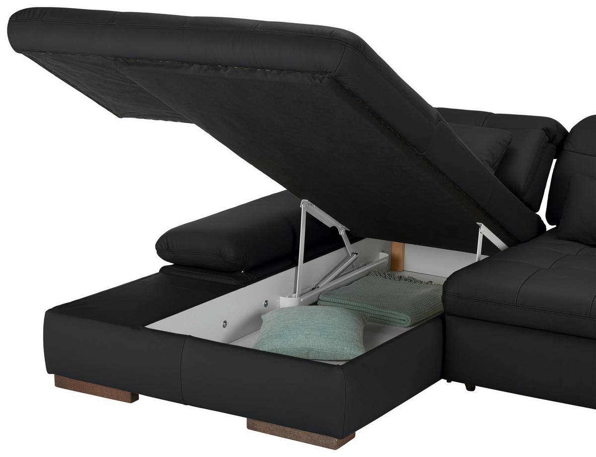 Wohnlandschaft Sanfino Leder Schwarz - Chromfarben/Schwarz, KONVENTIONELL, Leder/Metall (199/79-96/305cm) - Premium Living