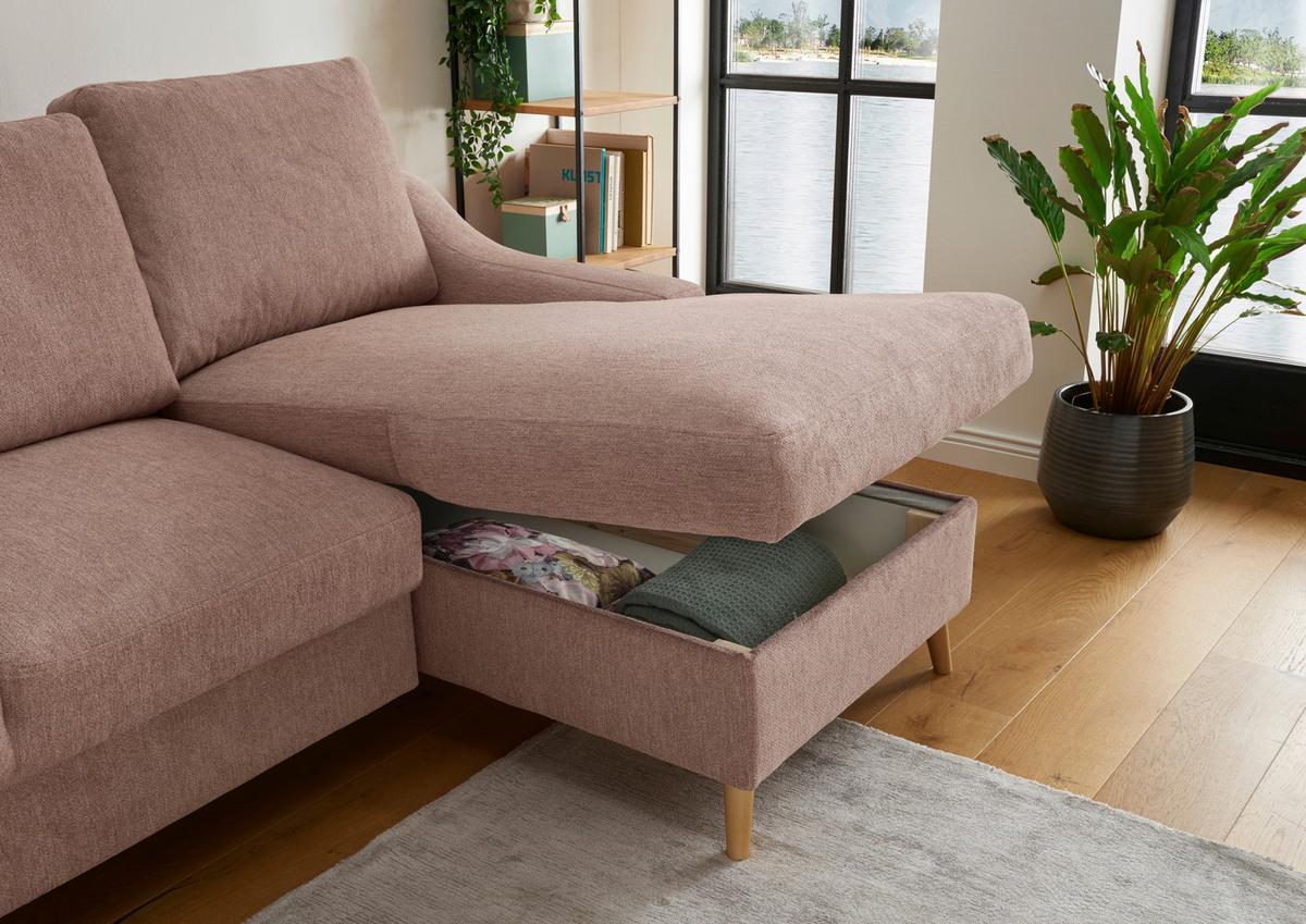 Wohnlandschaft Valentina Dunkelrosa Mikrofaser - Dunkelrosa/Naturfarben, Design, Holz/Textil (228/150cm) - MID.YOU