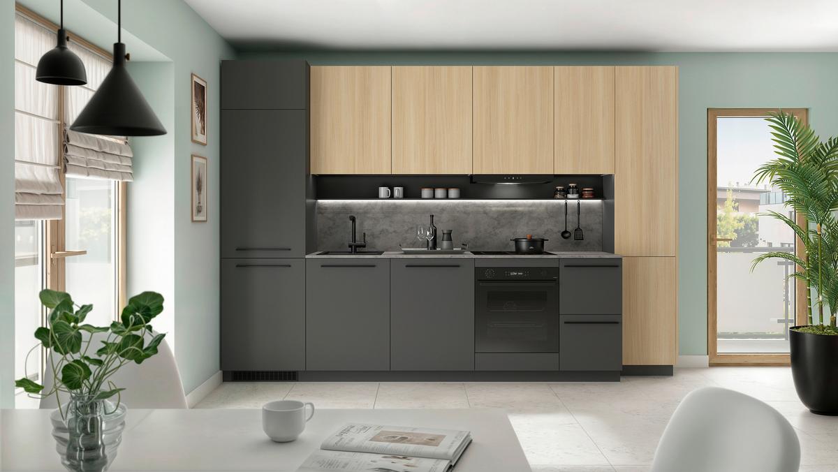 Bucatarie standard MILINO - culoare lemn stejar/grafit, Basics, material pe bază de lemn (330/230/60cm) - Visiona
