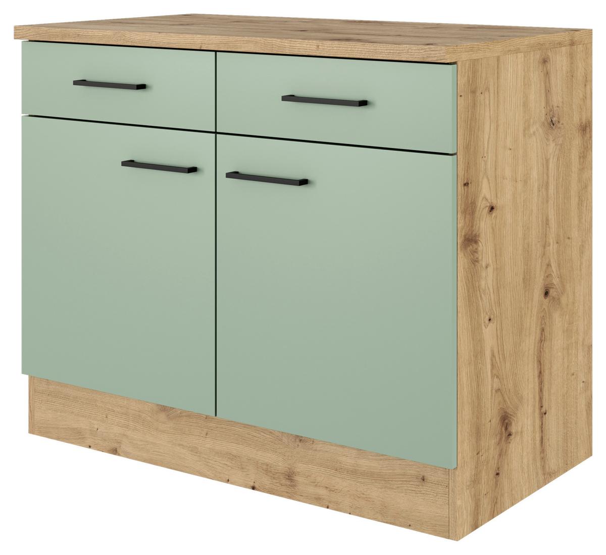 Kuhinjska Spodnja Omarica Cara, Zelena, Hrast - črna/trstično zelena, Konvencionalno, kovina/leseni material (100/85/57cm) - FlexWell