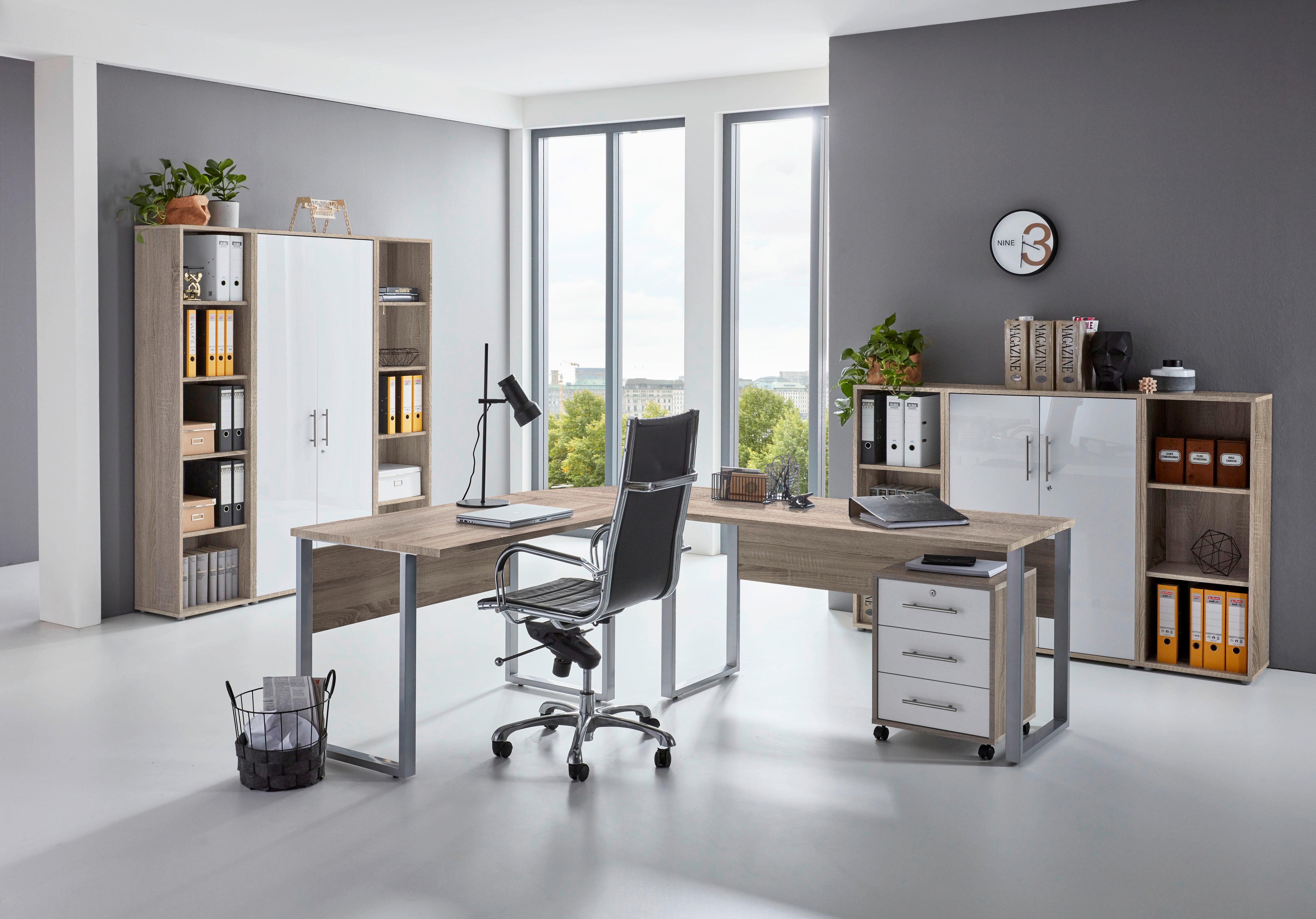 Büro Office Edition Set 5 Sonoma Eiche/Weiß - Weiß Hochglanz/Sonoma Eiche, MODERN, Holzwerkstoff - MID.YOU