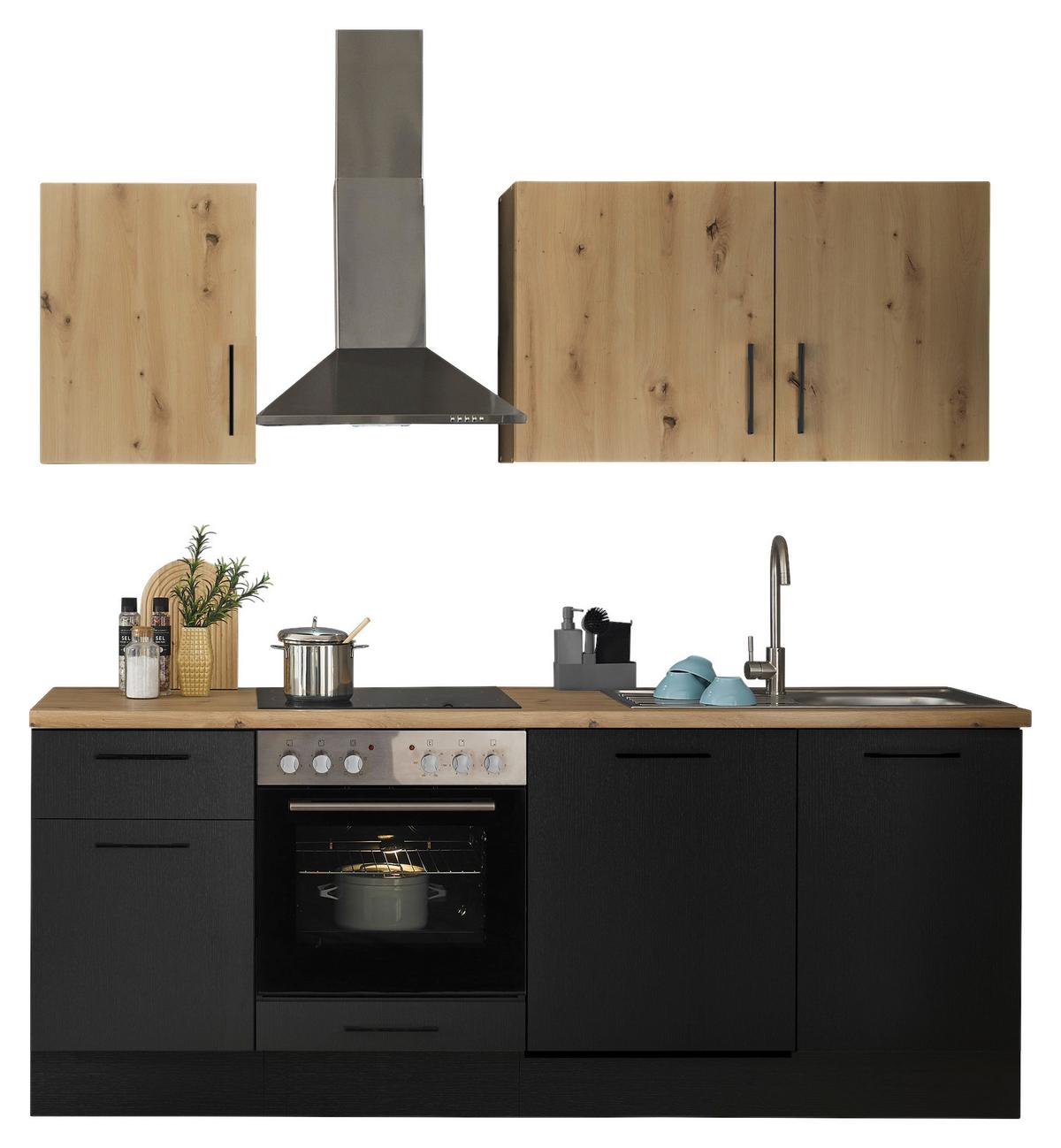 Küchenblock Turin o. Geräte Eiche/Artisan - Schwarz/Eiche Artisan, MODERN, Holzwerkstoff/Metall (220cm)