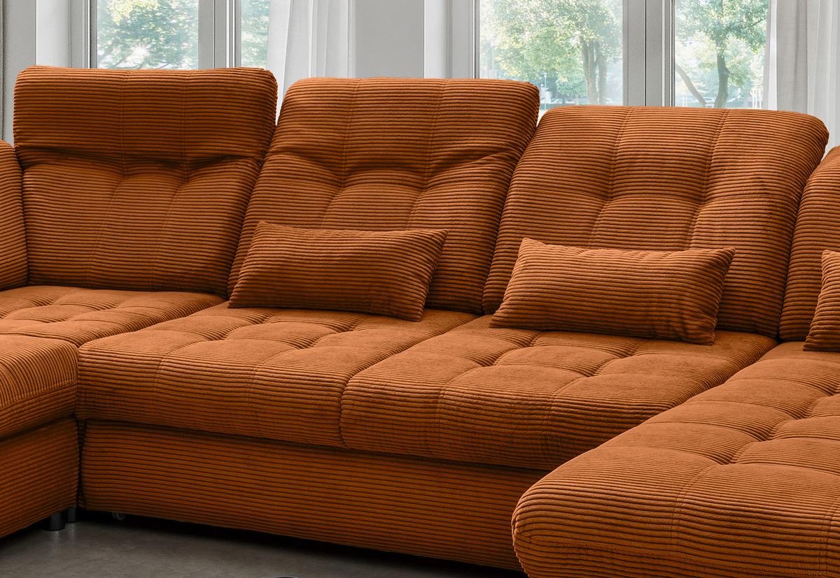 Wohnlandschaft Rigatti Gold Cord mit Bettkasten - Goldfarben/Schwarz, MODERN, Textil/Metall (252/387/184cm) - Livetastic