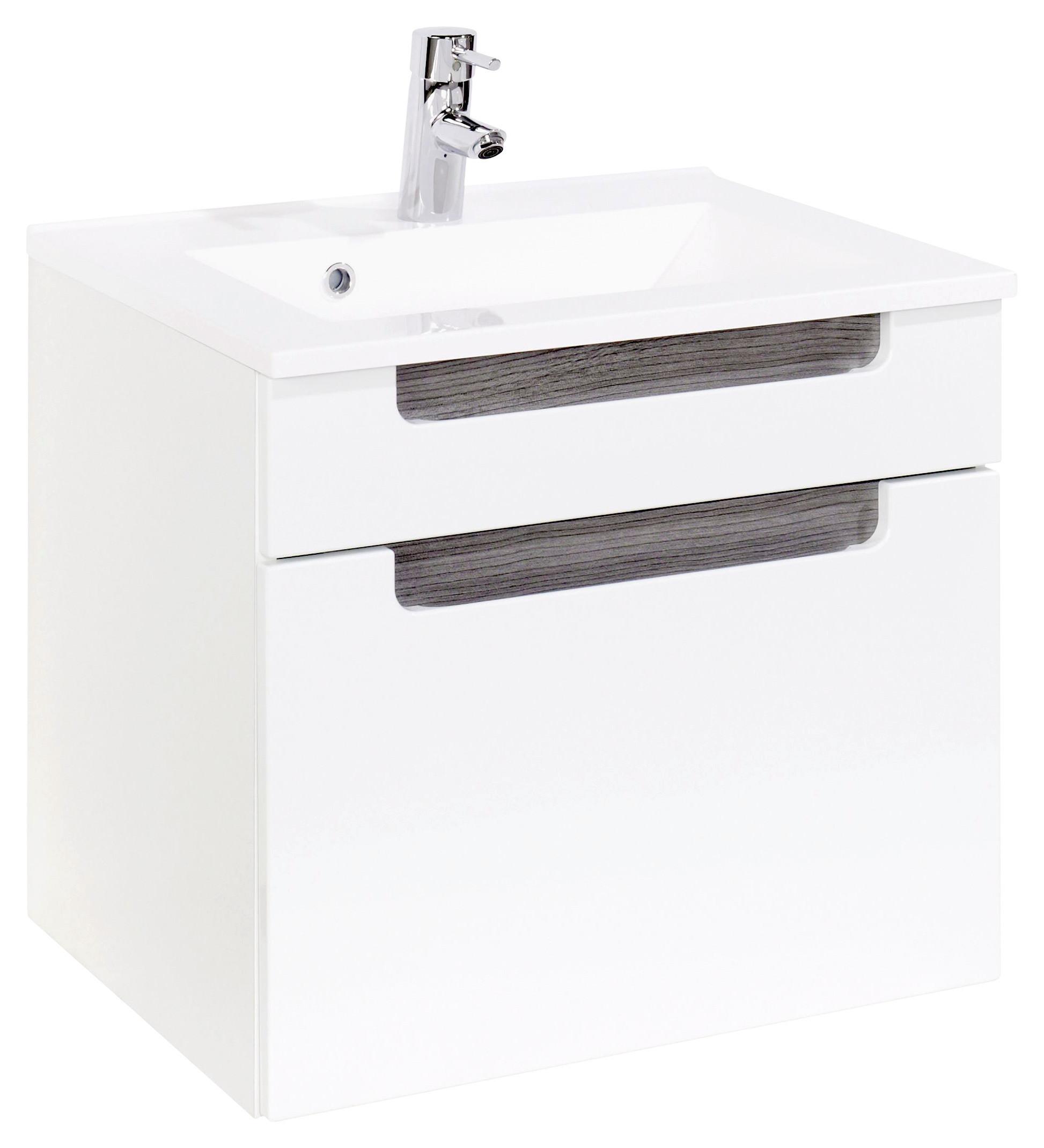 Waschtischkombination in Weiss/Eichefarbe 'Siena' - Weiß/Silbereichenfarben, MODERN, Holzwerkstoff/Stein (60cm) - Held