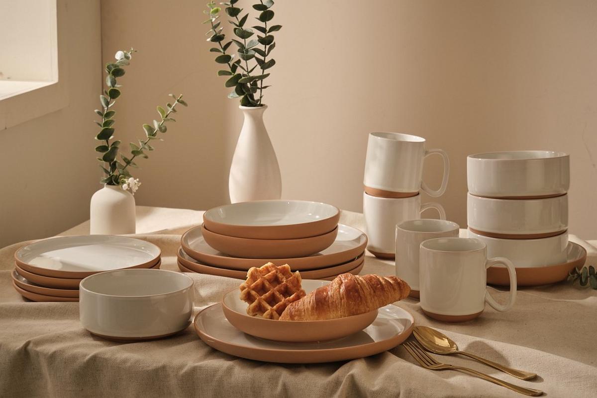 SERWIS OBIADOWO-ŚNIADANIOWY TERRA NOVA - biały/brązowy, Trend, ceramika - Novel