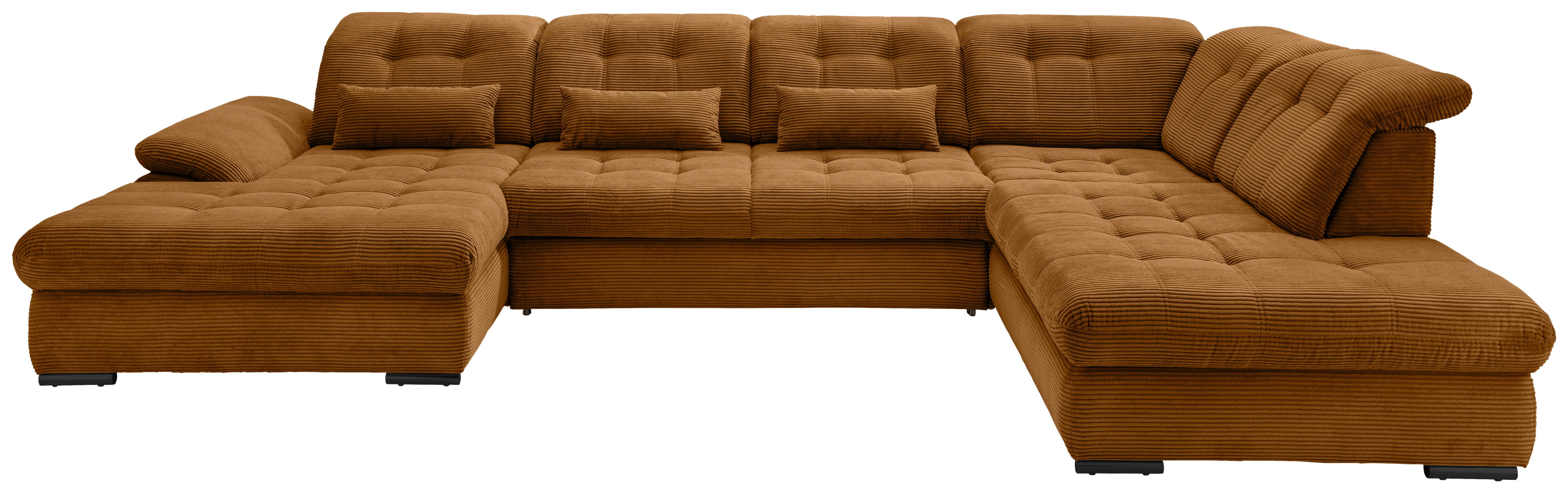 Wohnlandschaft Rigatti Gold Cord mit Bettkasten - Goldfarben/Schwarz, MODERN, Textil/Metall (184/387/252cm) - Livetastic