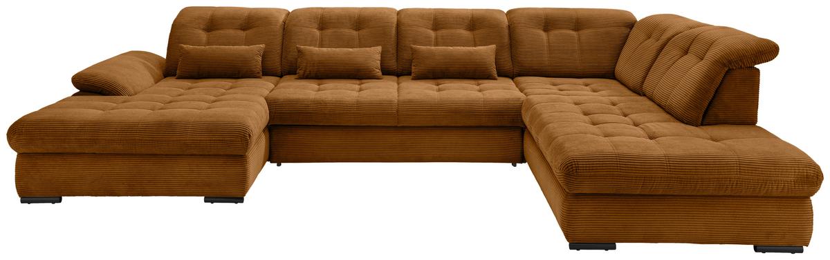 Wohnlandschaft Rigatti Gold Cord mit Bettkasten - Goldfarben/Schwarz, MODERN, Textil/Metall (184/387/252cm) - Livetastic