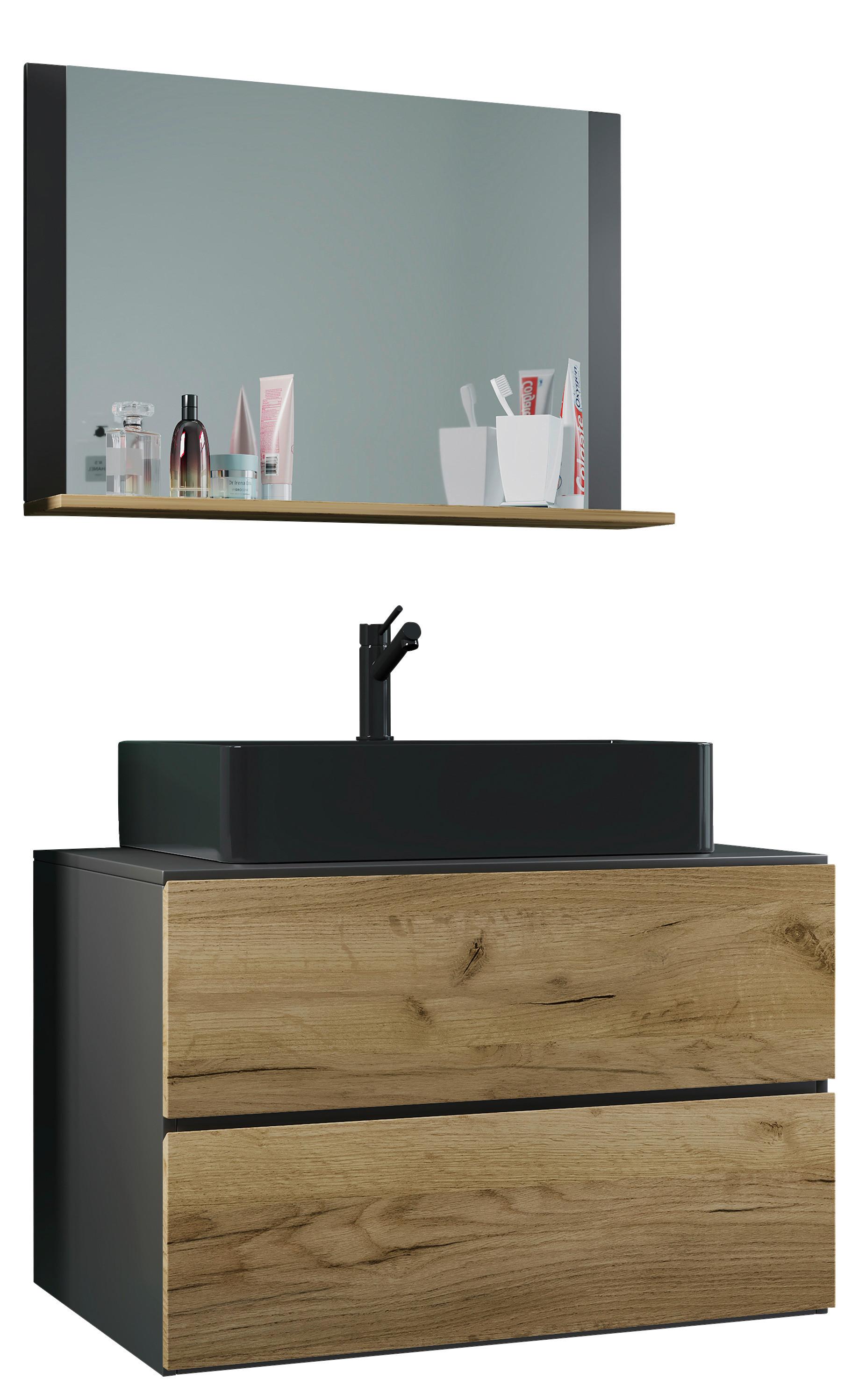 Kopalnica Lendas M, Antracit, Medeni Hrast - črna/medeni hrast, Moderno, steklo/leseni material (81cm) - MID.YOU