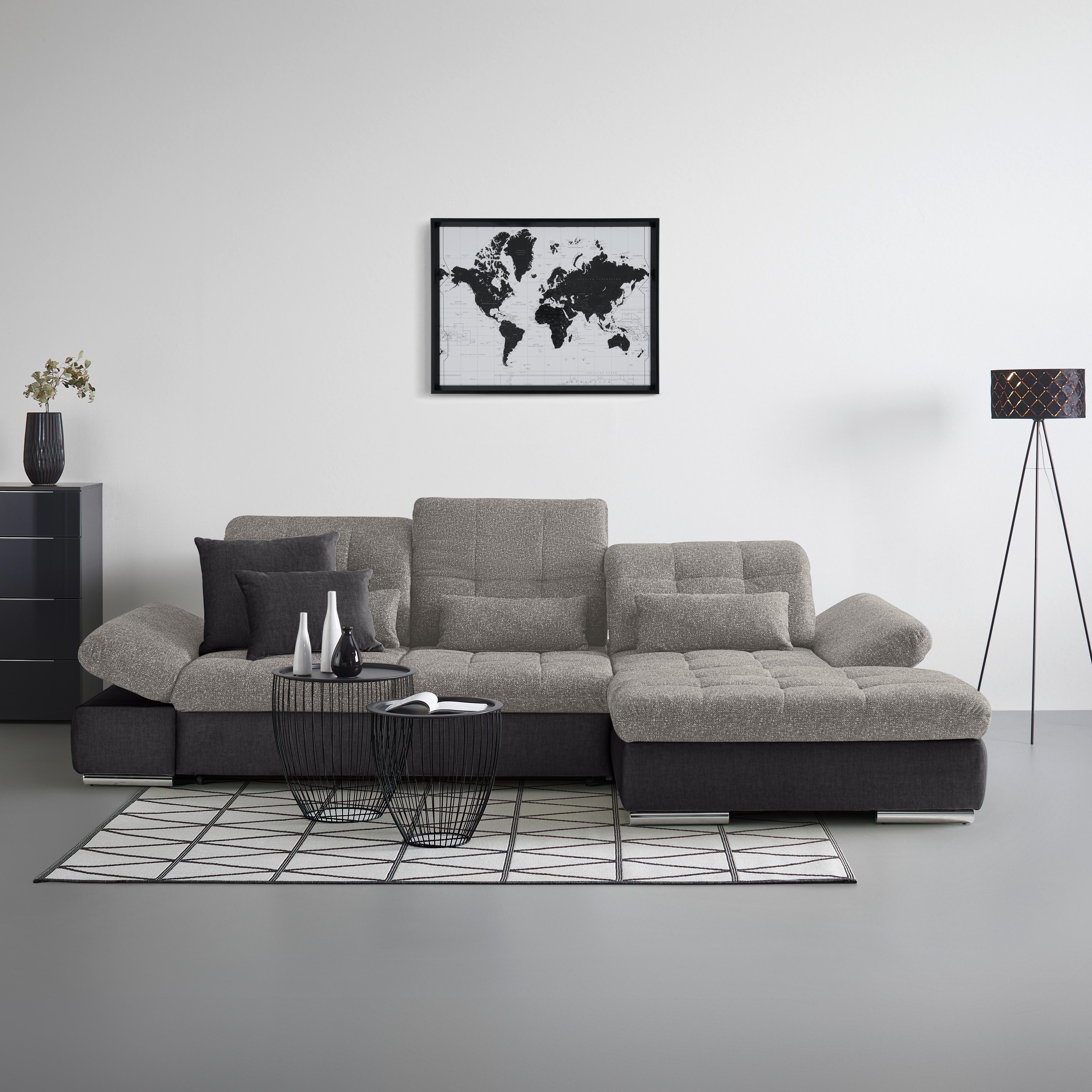 Wohnlandschaft Sanfino Silberfarben/Dunkelgrau - Chromfarben/Dunkelgrau, KONVENTIONELL, Holz/Textil (305/79-96/199cm) - Premium Living