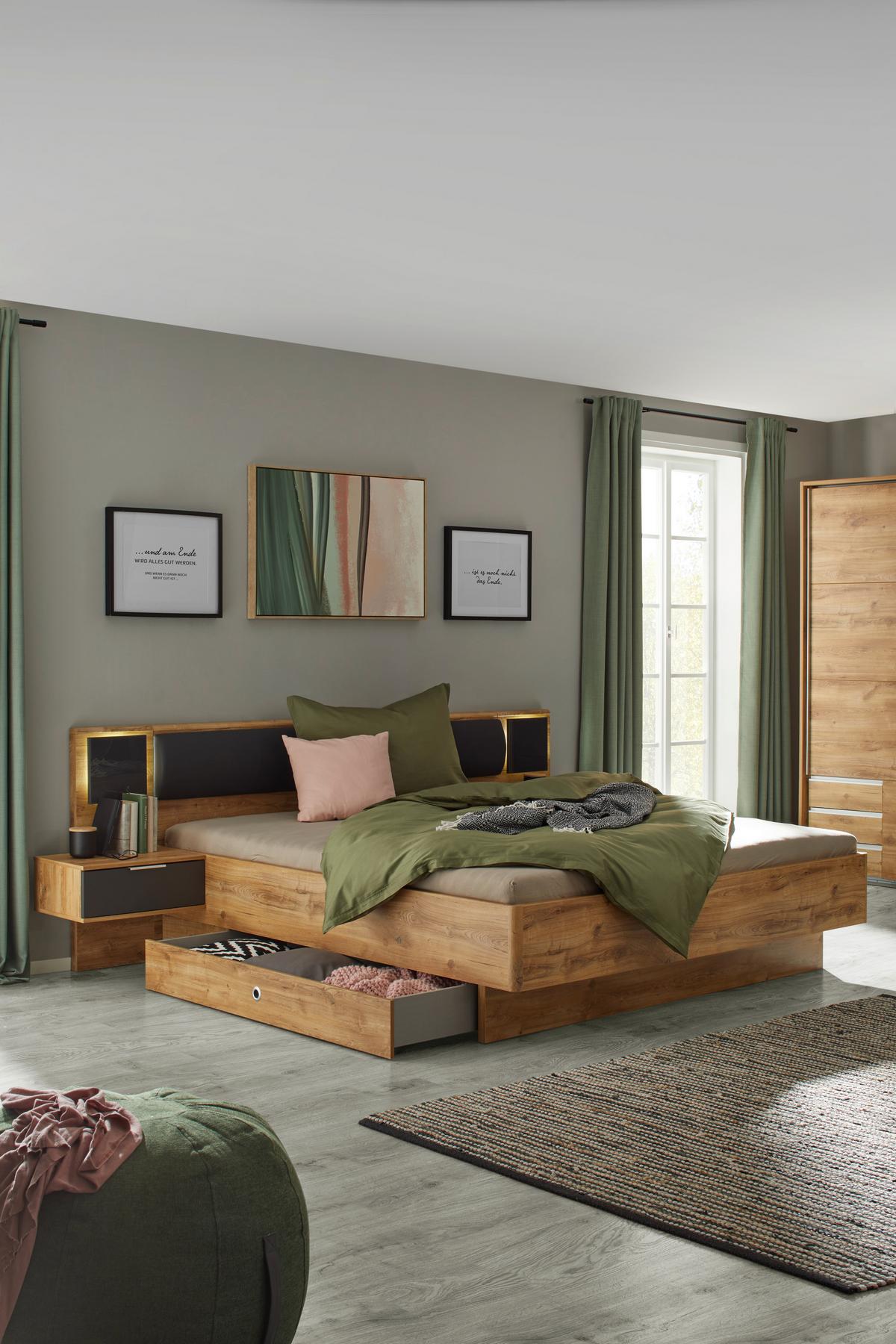 Bettanlage in Grau/Eichefarben ca. 180x200cm - Eichefarben/Graphitfarben, KONVENTIONELL, Holzwerkstoff/Textil (180/200cm) - Mömax