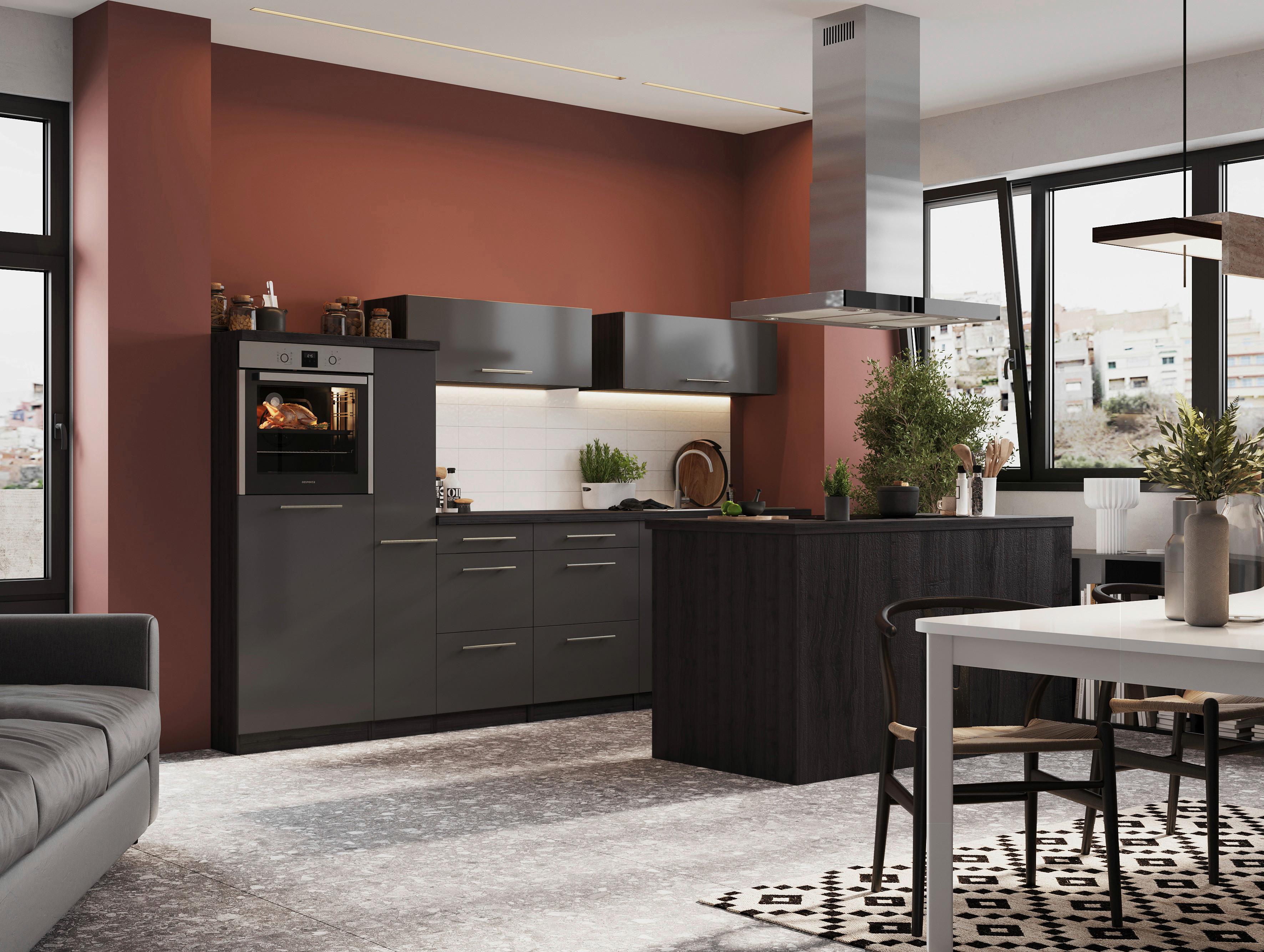 Inselküche Premium Grau mit Geräten B: ca. 310 cm - Grau, Basics, Holzwerkstoff/Metall (310/160cm) - Respekta