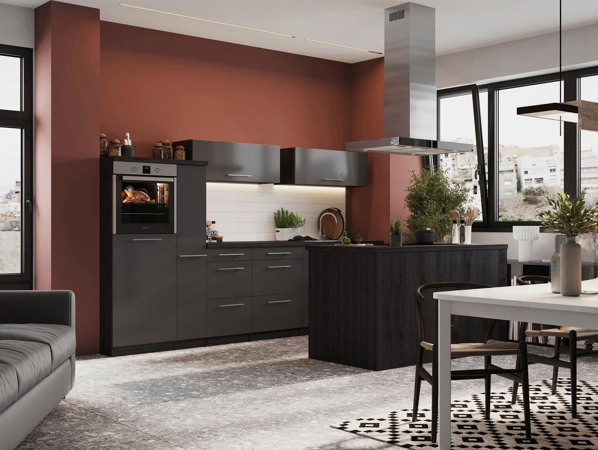 Inselküche Premium Grau mit Geräten B: ca. 310 cm - Grau, Basics, Holzwerkstoff/Metall (310/160cm) - Respekta