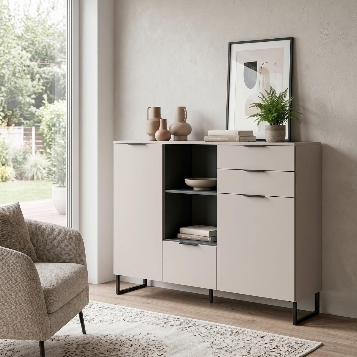 Félmagas Szekrény Noida - kasmírszínű/fekete, Design, faalapú anyag/fém (150/112/37cm) - Livetastic