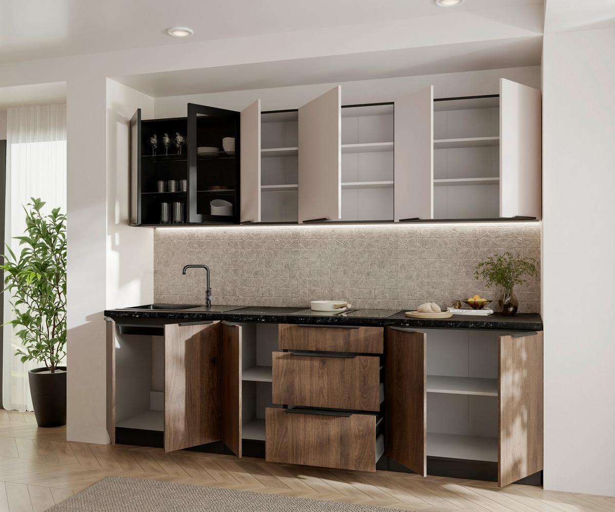 Blok Kuhinja Arona/monza - kašmir/boja orahovog drveta, Moderno, staklo/metal (260/210/60cm) - Modern Living
