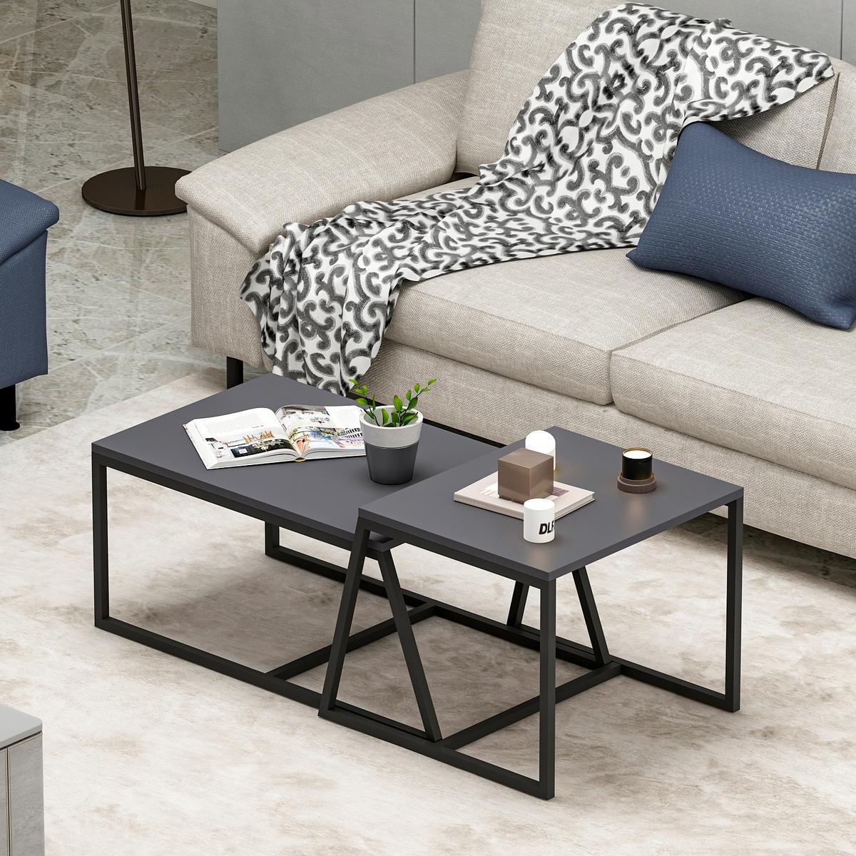 Couchtischset Minimal Couchtisch - Anthrazit/Schwarz, Design, Holzwerkstoff/Metall (75-55/38-45/50-47cm) - Livetastic
