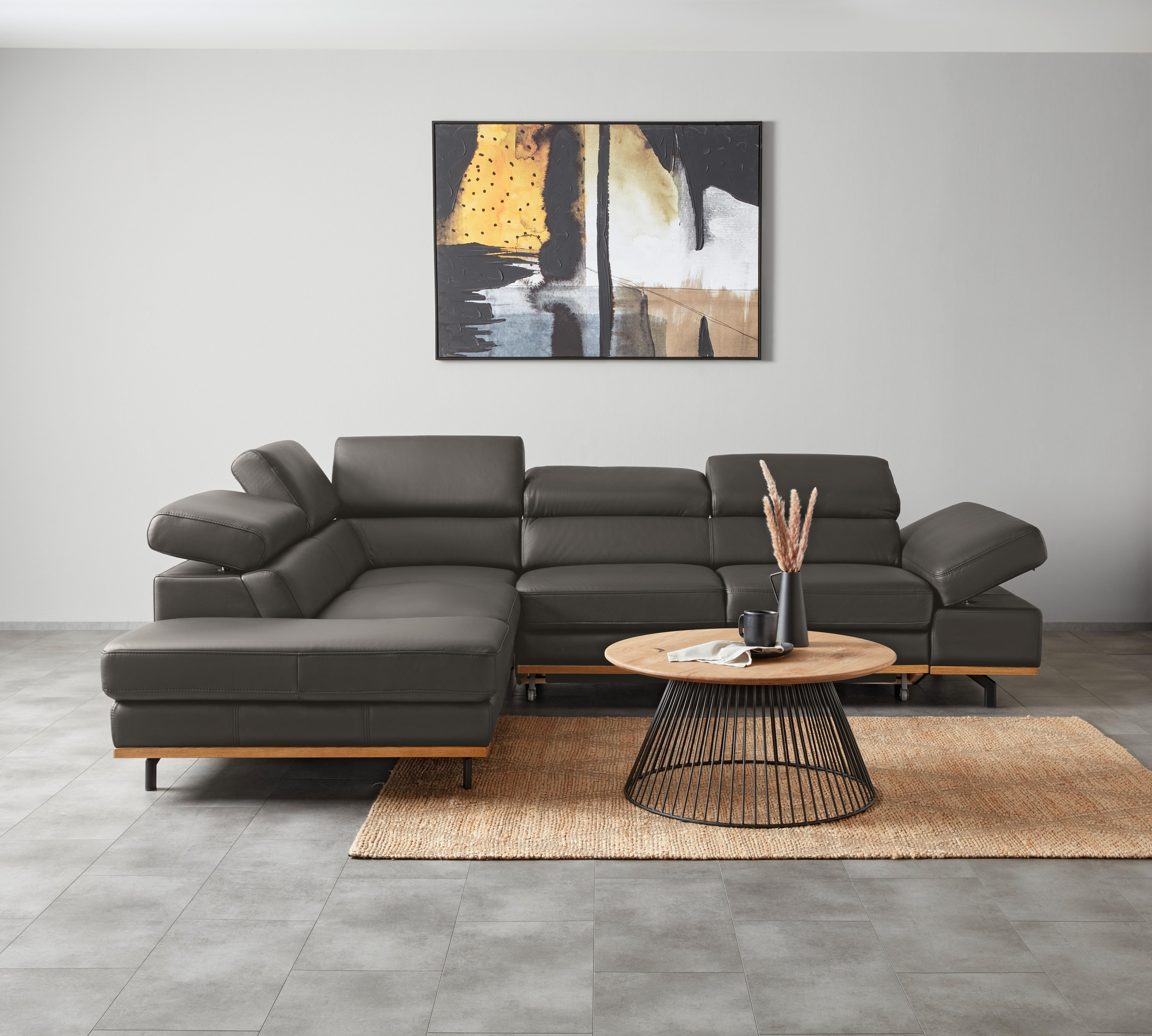 Wohnlandschaft Carmen Graublau - Graublau/Schwarz, MODERN, Leder/Holz (292/72/226cm) - Premium Living