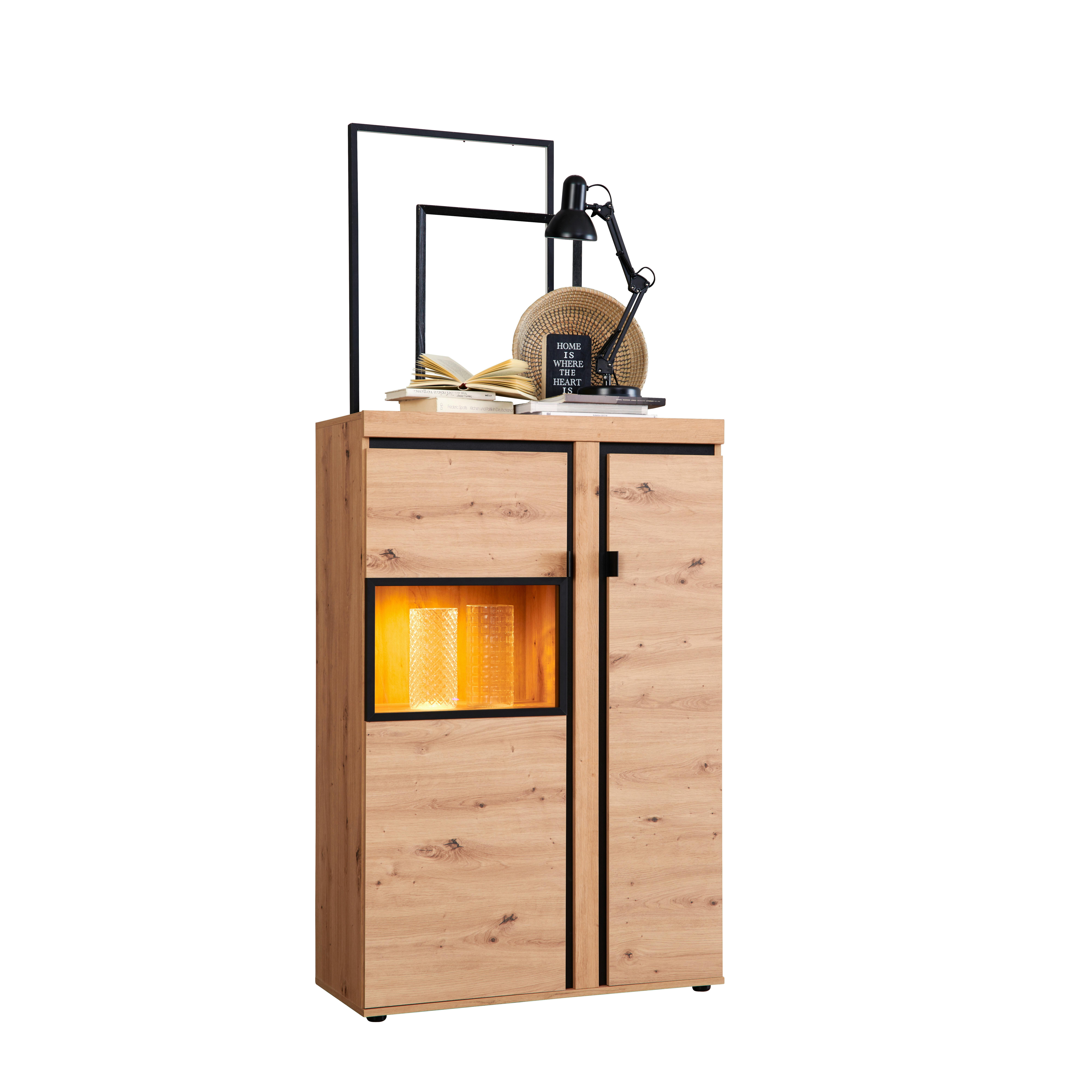 Vitrina Nyon, Barva Hrasta, Črna, Led - črna/barve hrasta, Moderno, kovina/umetna masa (89/138,1/40,5cm) - Mömax