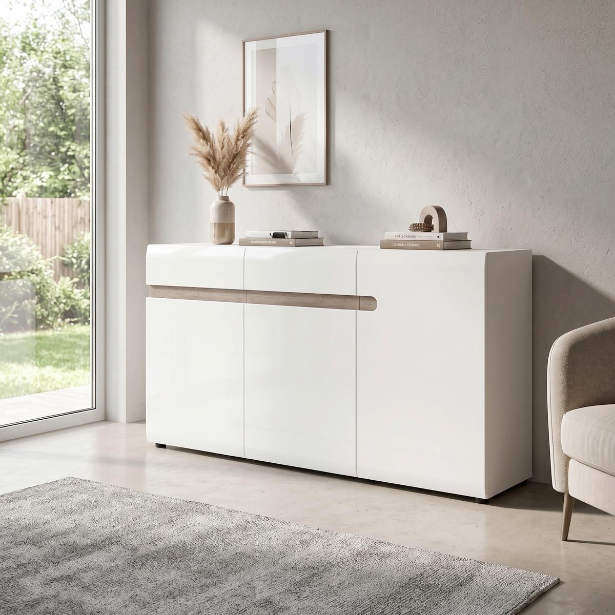 Comodă Linate - culoare lemn stejar pufos/alb lucios intens, Modern, material pe bază de lemn (164/86,5/41,9cm) - Modern Living
