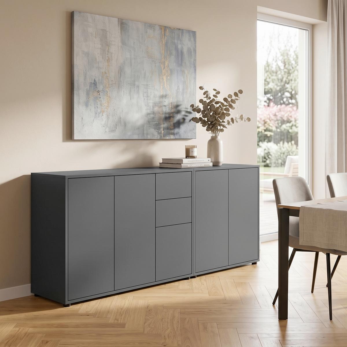 Sideboard Mailand Set 10 Anthrazit - Anthrazit/Schwarz, MODERN, Holzwerkstoff/Kunststoff (184,5/73/33cm) - MID.YOU