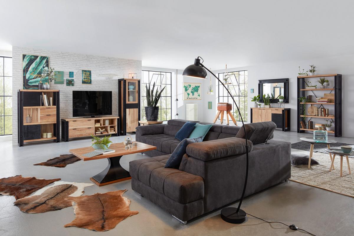 Vitrina Construction - črna/naravne barve, Trendi, kovina/steklo (60/180/40cm) - Zandiara