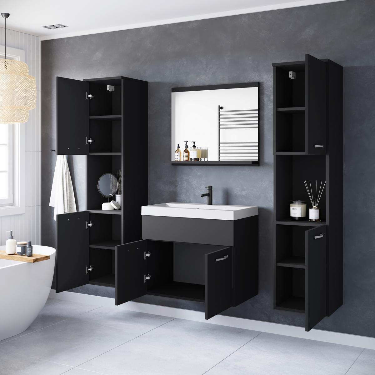 Badmöbel-Set 5-tlg. Montreal XL ca. 120 cm Schwarz/Graphit - Graphitfarben/Schwarz, LIFESTYLE, Keramik/Holzwerkstoff (120,4/132,8/35cm) - P & B