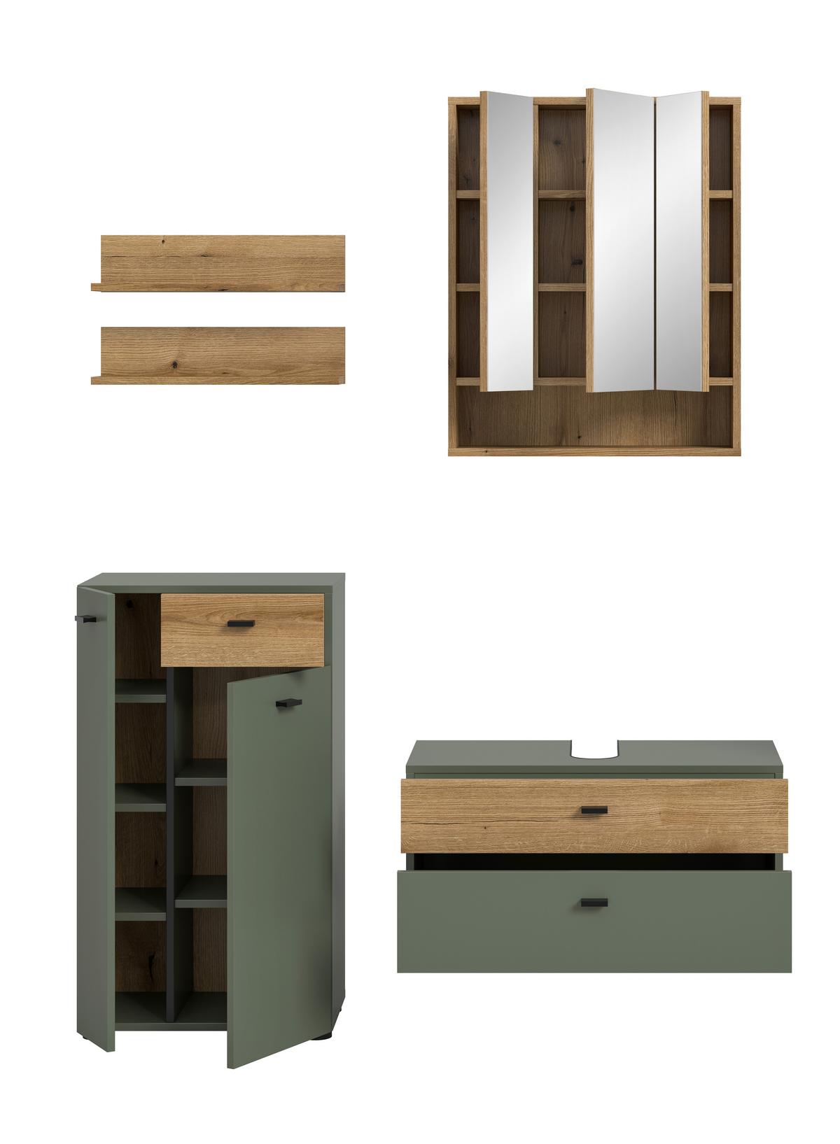 Badezimmer Aqua Grün/Eichefarben 4-teilig - Eichefarben/Schwarz, Trend, Glas/Holzwerkstoff (126cm) - MID.YOU