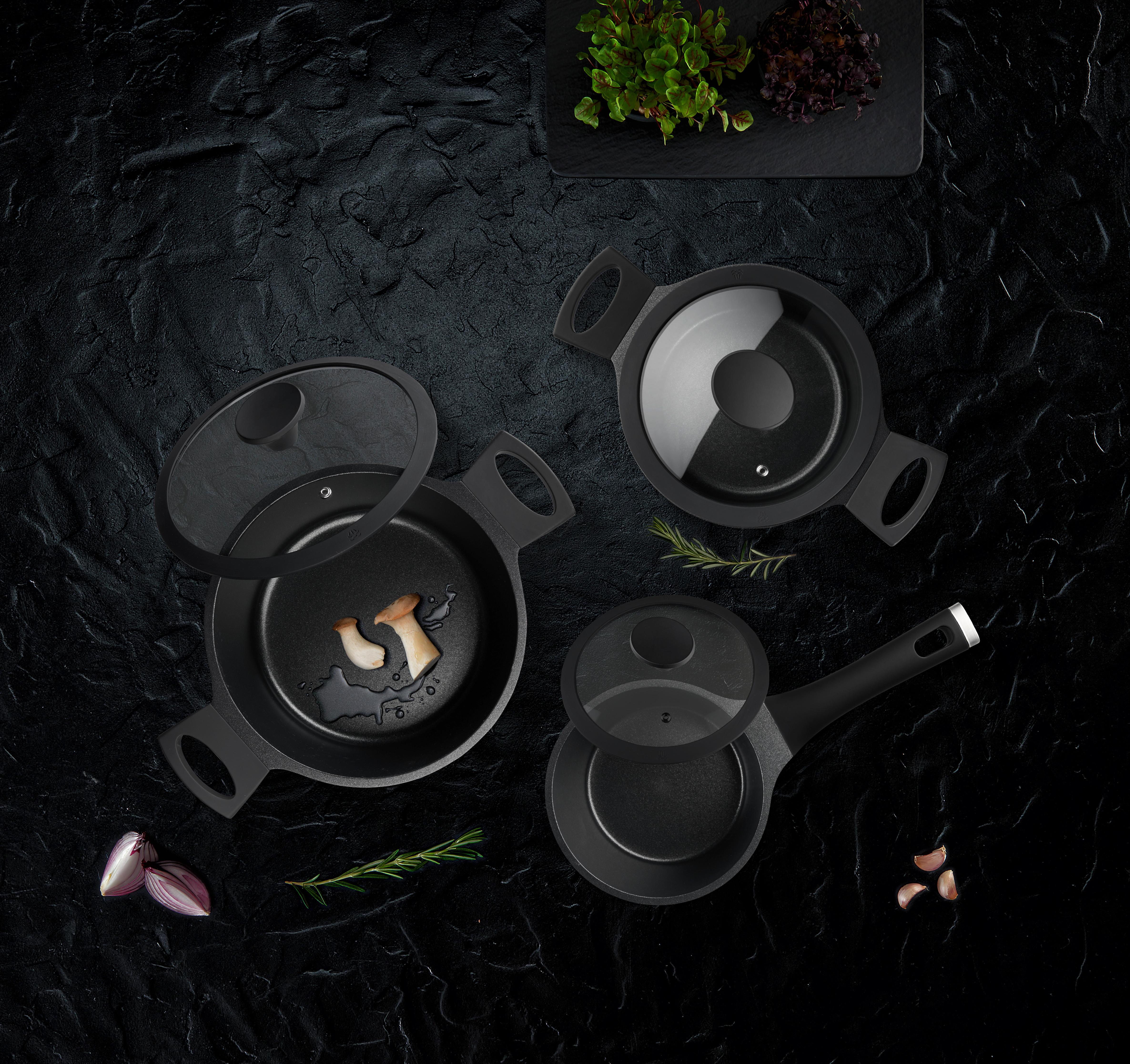 GRYT- OCH KASTRULLSET BLACK LINE - klar/svart, Klassisk, metall/glas - Gourmesto