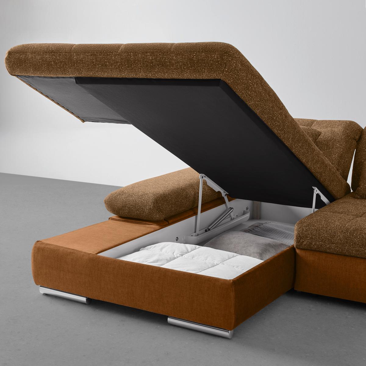 Wohnlandschaft Sanfino Cognac/Senfgelb - Chromfarben/Cognac, KONVENTIONELL, Holz/Textil (199/79-96/305cm) - Premium Living