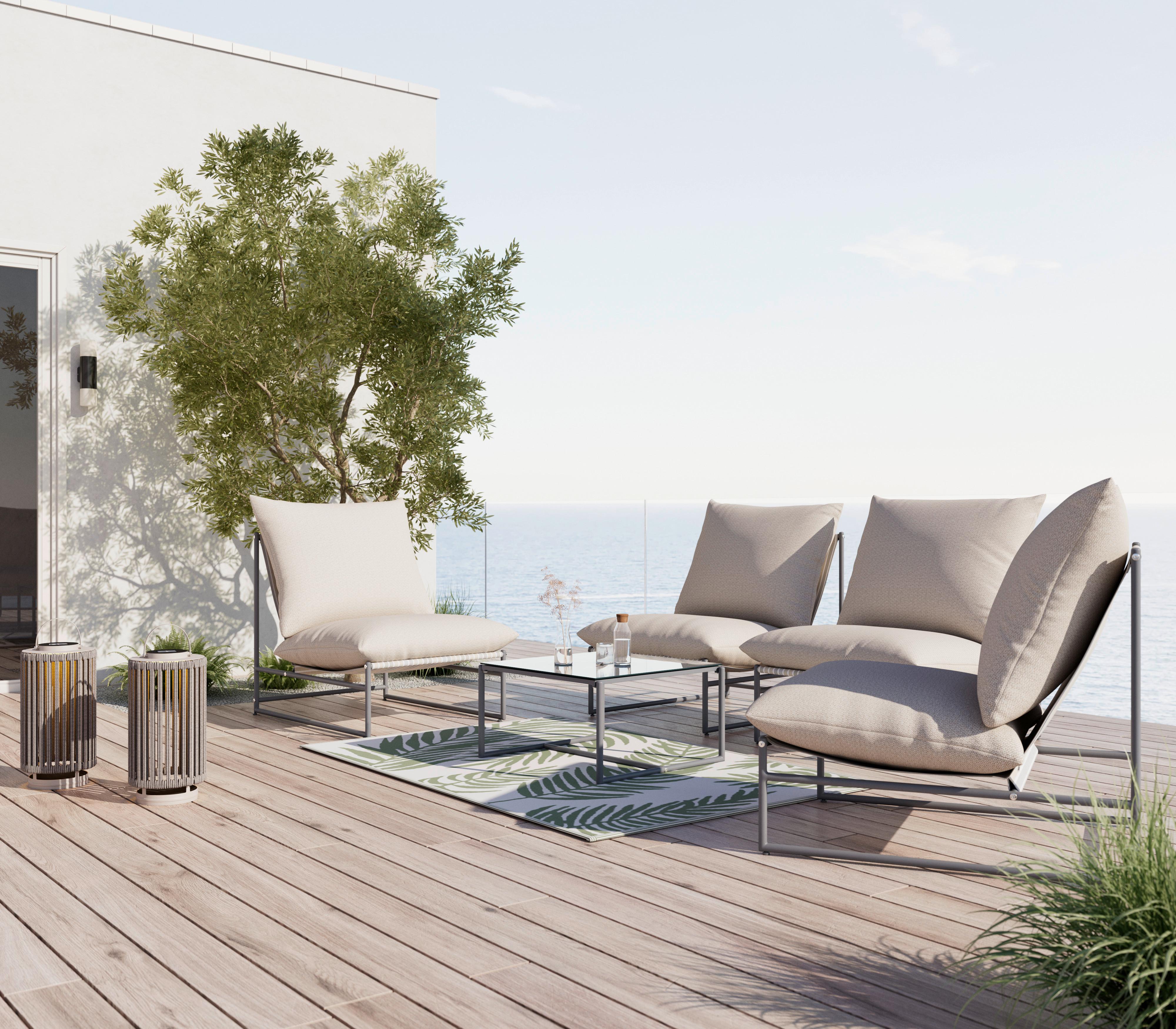 Loungegarnitur Lino Creme Outdoorstoff/Metall +Abdeckung - Dunkelgrau/Multicolor, MODERN, Glas/Textil - Bessagi Garden