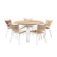 Gartentischgruppe Ellen Weiß/Teak 6-tlg. - Weiß Hochglanz/Teakfarben, Natur, Holz/Metall (180/180/78cm) - Gardenson
