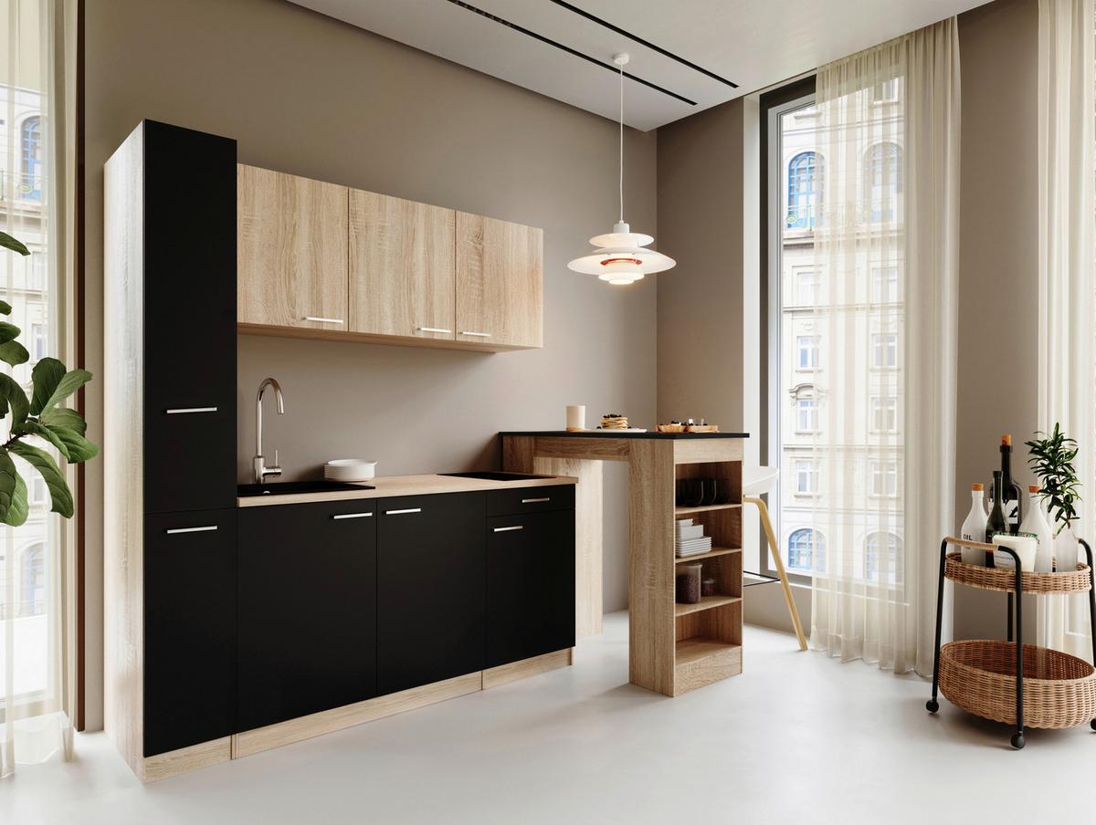 Küchenblock Ingrid m. Gerät Schwarz - Eichefarben/Schwarz, Design, Holzwerkstoff/Kunststoff (180cm) - Respekta
