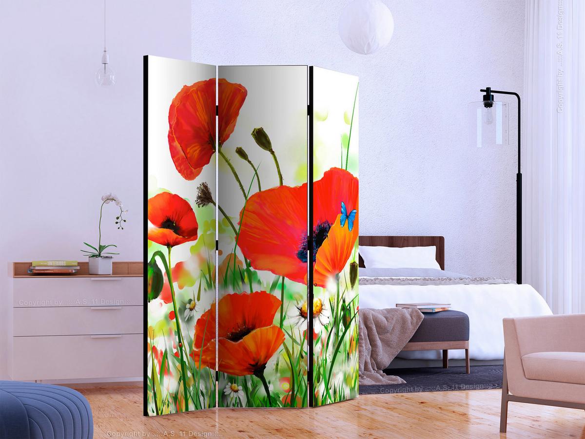 Paravan Country Poppies, Dvostranski, 3-Delni - rdeča/zelena, Basics, tekstil/les (135/172/3cm) - artgeist