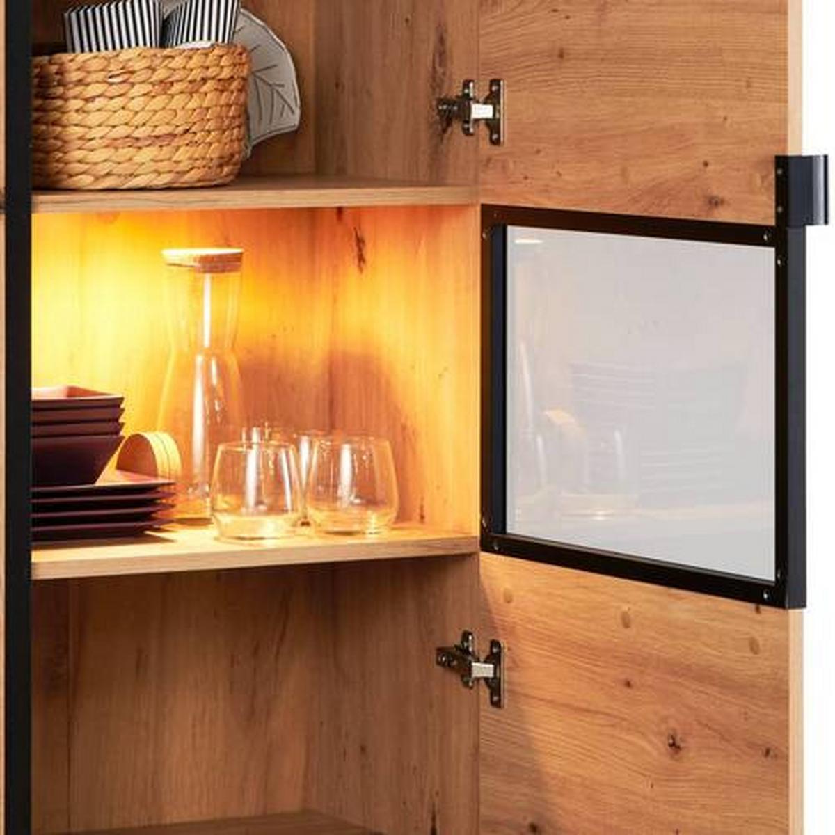 Vitrina Nyon - boje hrasta/crna, Moderno, staklo/drvni materijal (56,8/200,1/40,5cm) - Modern Living