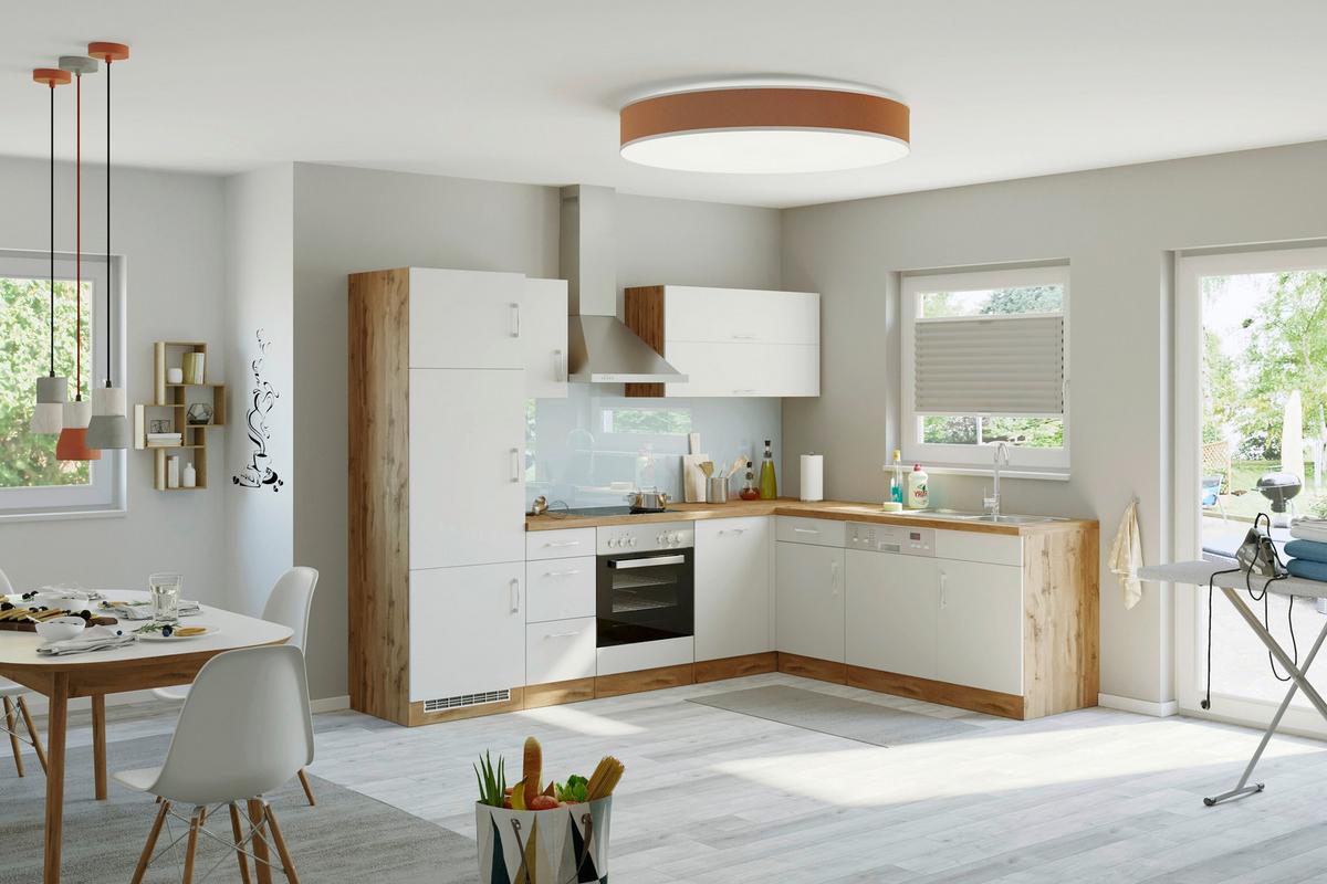 Eckküche Winkelblock mit Geräten ca. 210x270 cm Weiß - Chromfarben/Eiche Wotan, MODERN, Holzwerkstoff/Metall (210/270cm) - Held