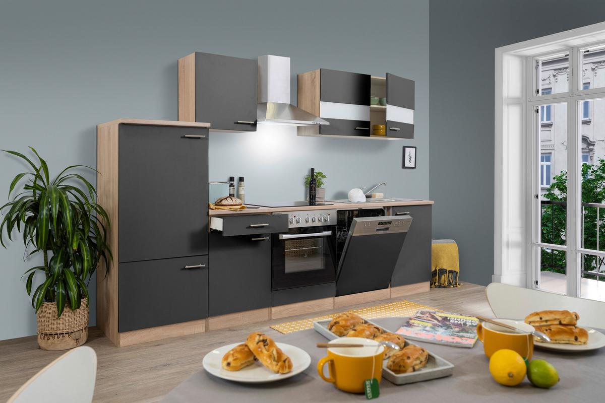 Küchenleerblock LBKB280ESG Grau/Eiche ca. 280 cm - Edelstahlfarben/Eichefarben, Basics, Holzwerkstoff/Metall (280/200/60cm) - Respekta