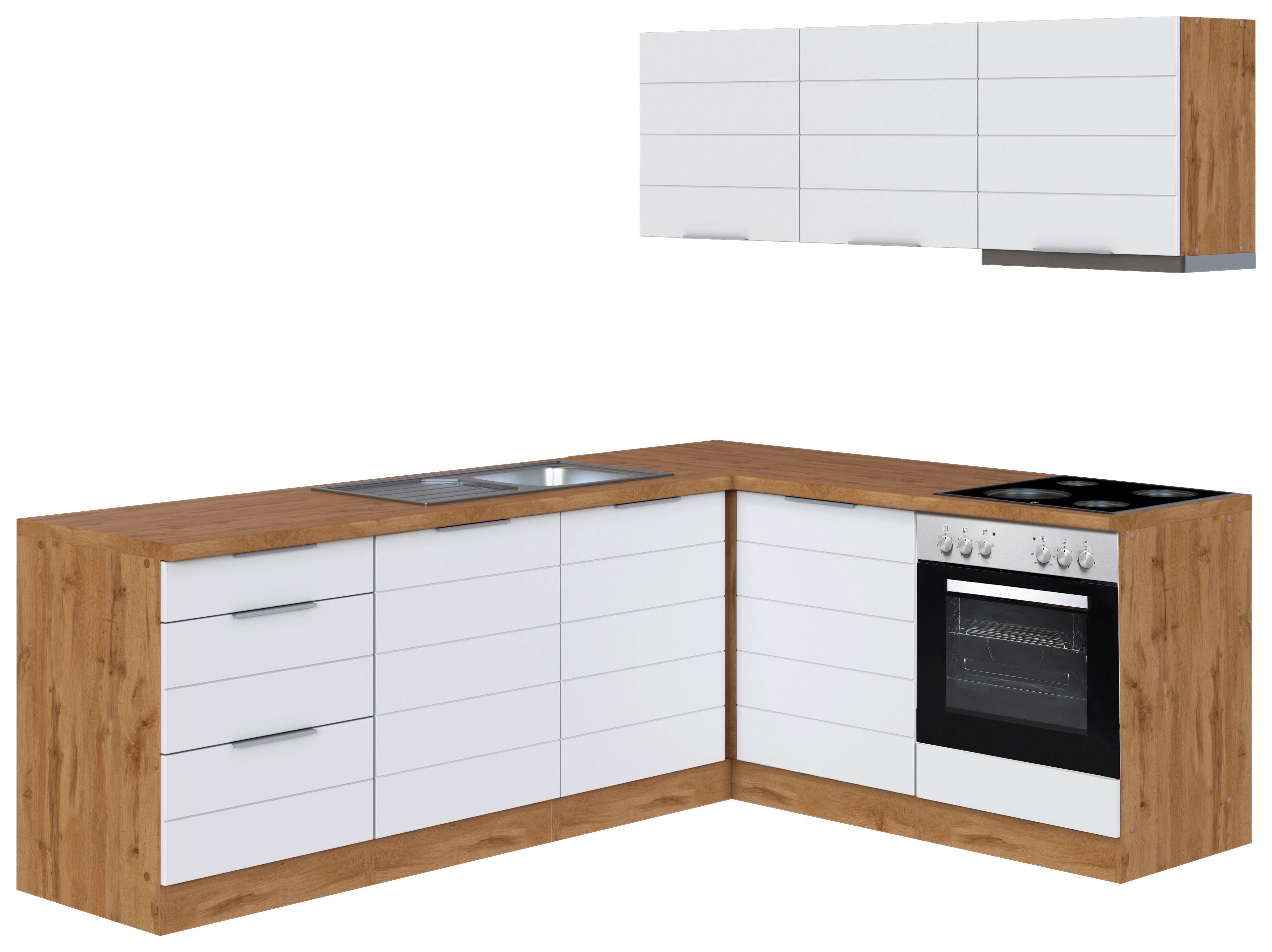 Eckküche Florenz mit Geräte ca. 240x180 cm Weiß/Eiche - Eiche Wotan/Weiß, Design, Holzwerkstoff/Metall (240/180cm) - Held