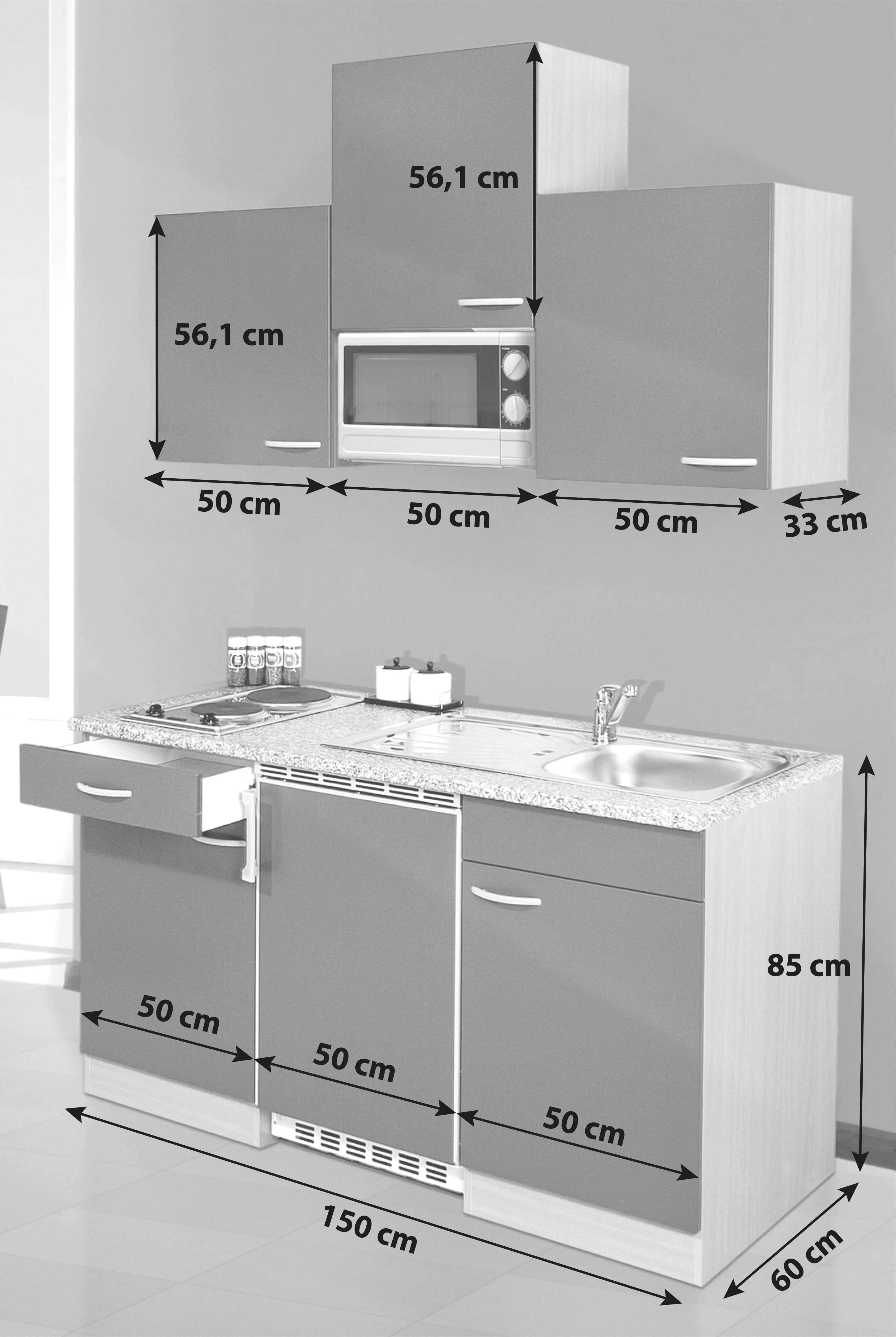 Miniküche mit Geräten Grau/Buche Dekor B: ca. 150 cm - Buchefarben/Alufarben, KONVENTIONELL, Holzwerkstoff/Kunststoff (150cm) - Respekta