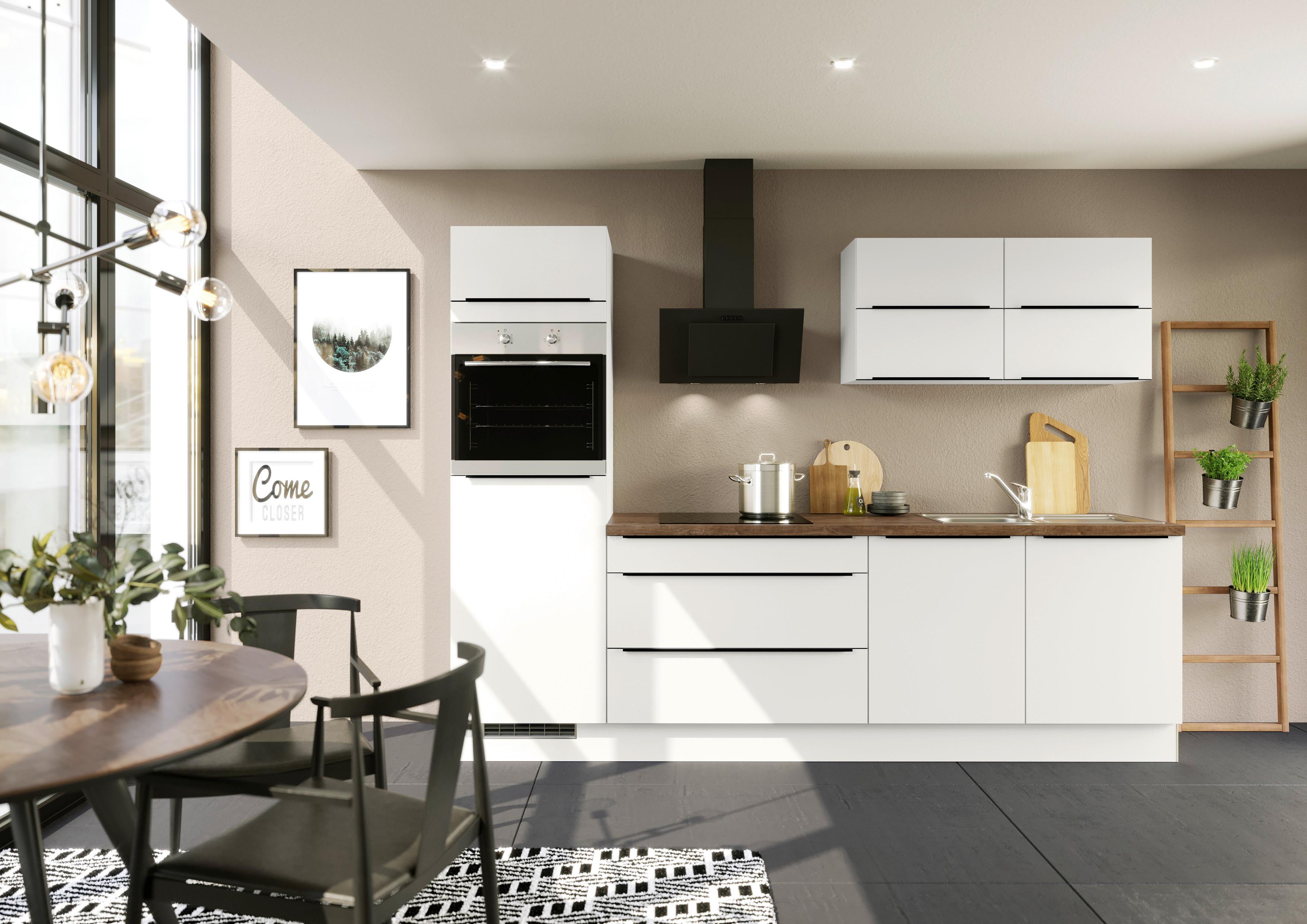 Küchenblock inkl. 5 E-Geräte IP3150 Weiß - Eichefarben/Schwarz, Trend, Holzwerkstoff/Metall (280cm) - Impuls