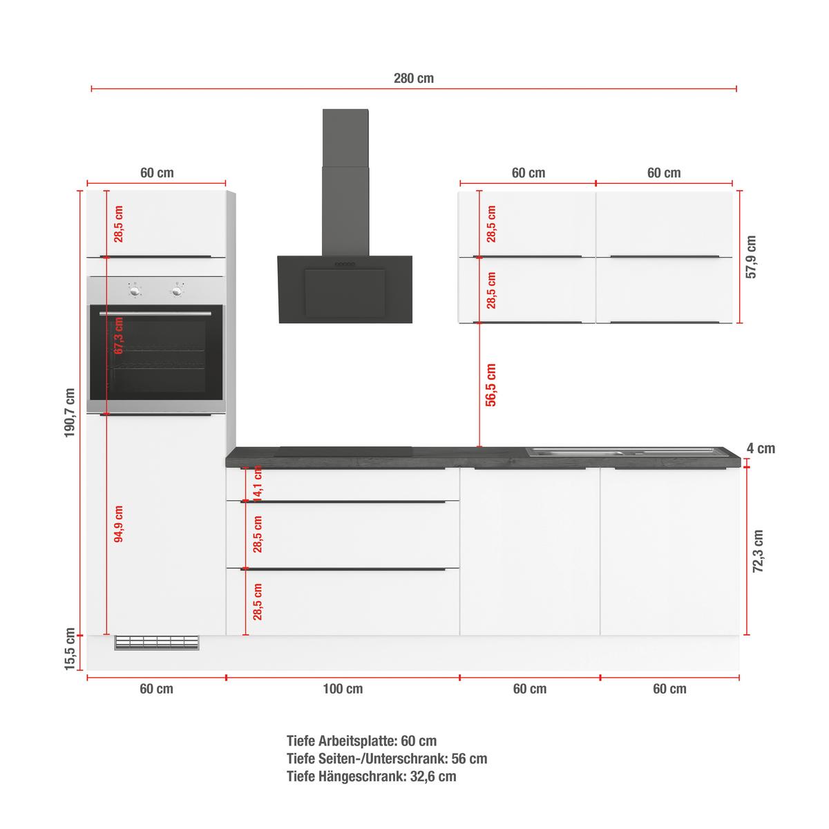 Küchenblock IBZ ohne Geräte ca. 280 cm Weiß - Eiche dunkel/Schwarz, Design, Holzwerkstoff/Metall (280cm) - Impuls
