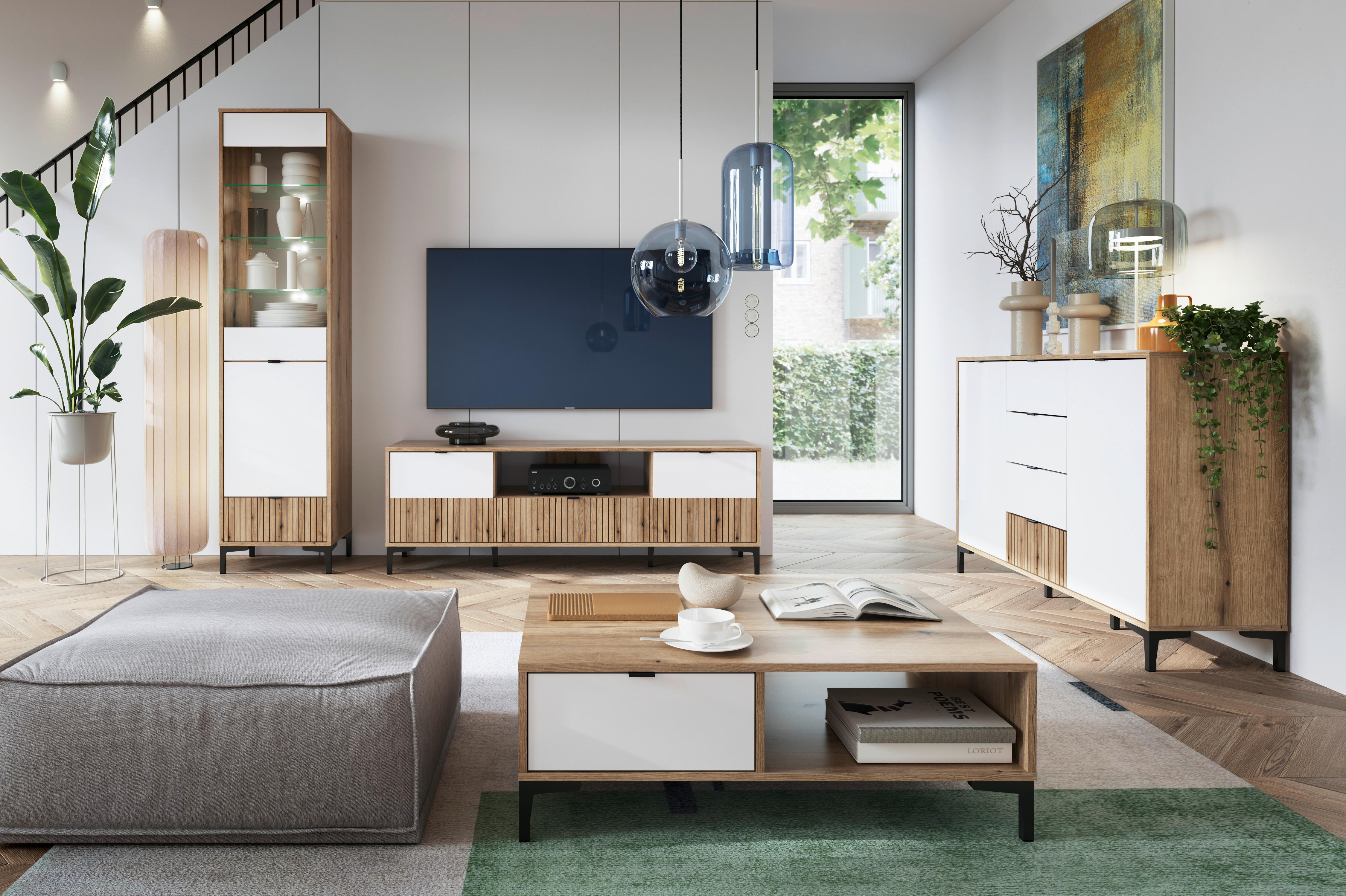 Comodă RICKO - alb/culoare lemn stejar, Trend, material pe bază de lemn (135,4/92,4/40cm) - Modern Living